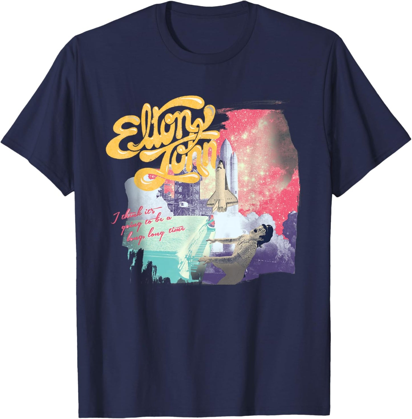 Official Elton John Colorful Long Time Black T-Shirt - T-Shirt | Navy