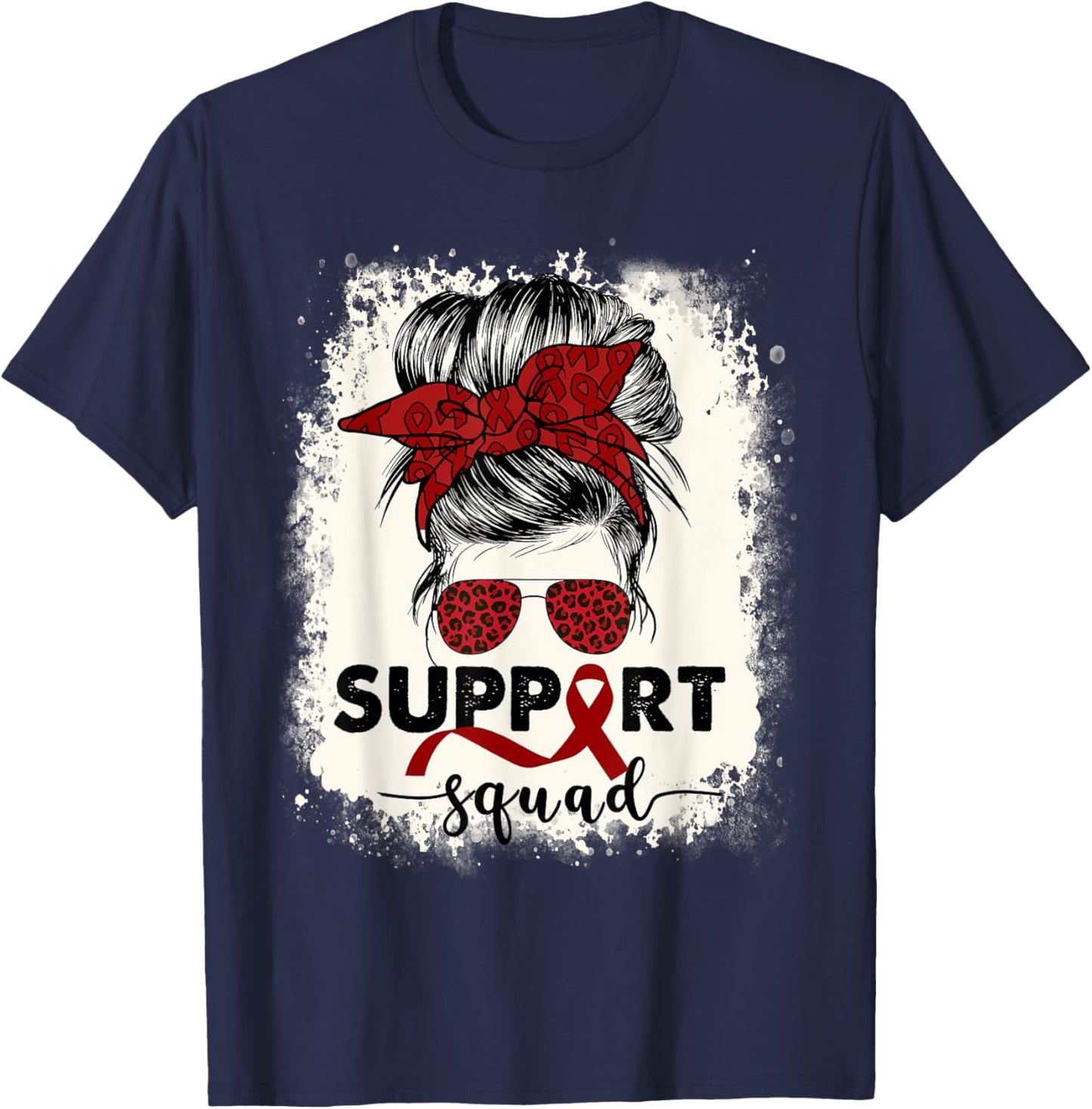 Multiple Myeloma Cancer Awareness Burgundy Ribbon Messy Bun T-Shirt - T-Shirt | Navy