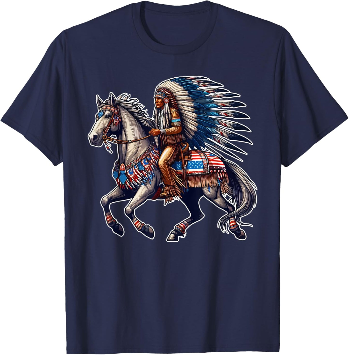 Native American Day Flag Indian Riding Horse 4th of July Kids Men T-Shirt - T-Shirt | Navy