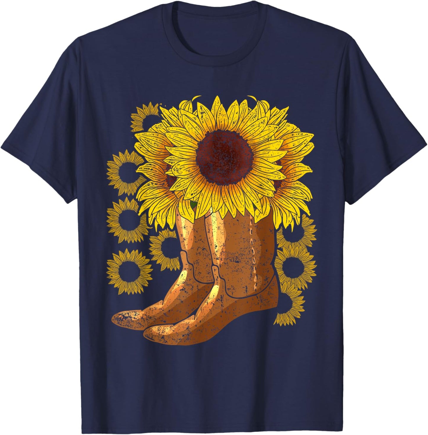 Yellow Flower Farmer Women Gift Cowboy Boots Sunflower T-Shirt - T-Shirt | Navy