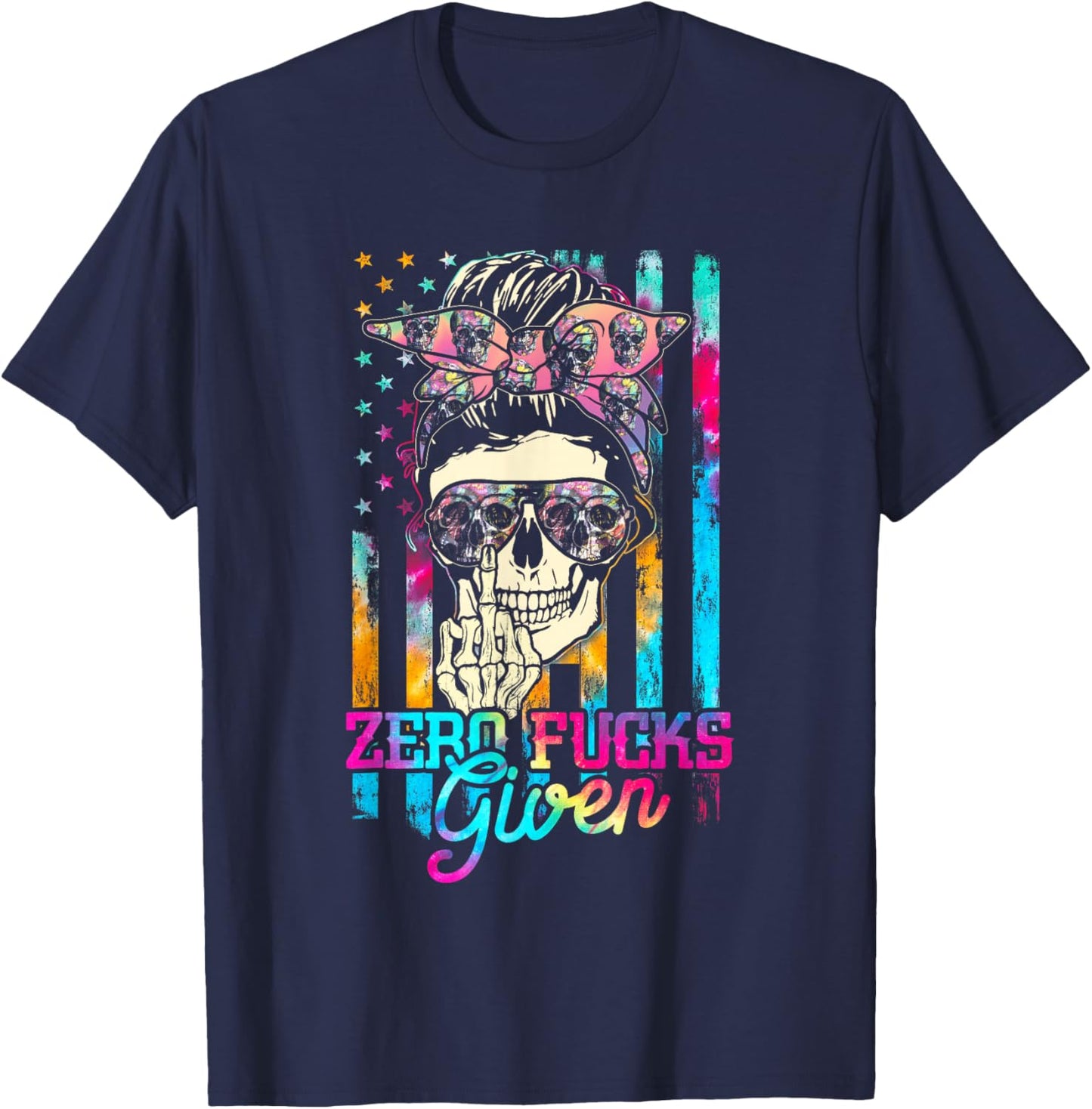 Skull Flag Skeleton Rainbow Messy Hair 0 Fucks Given T-Shirt - T-Shirt | Navy