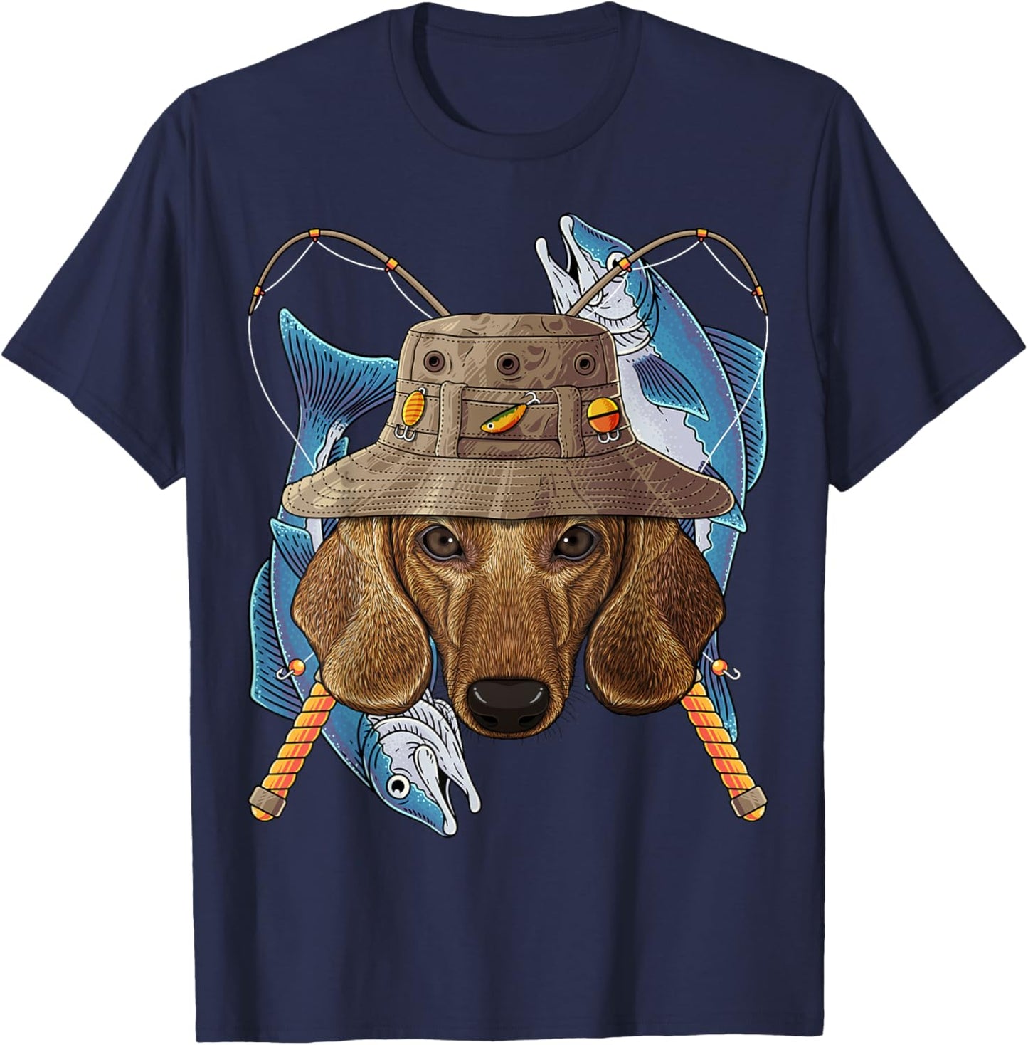 Fishing Dachshund Outdoor Fisherman Dog Cute Fly Fishing T-Shirt - T-Shirt | Navy