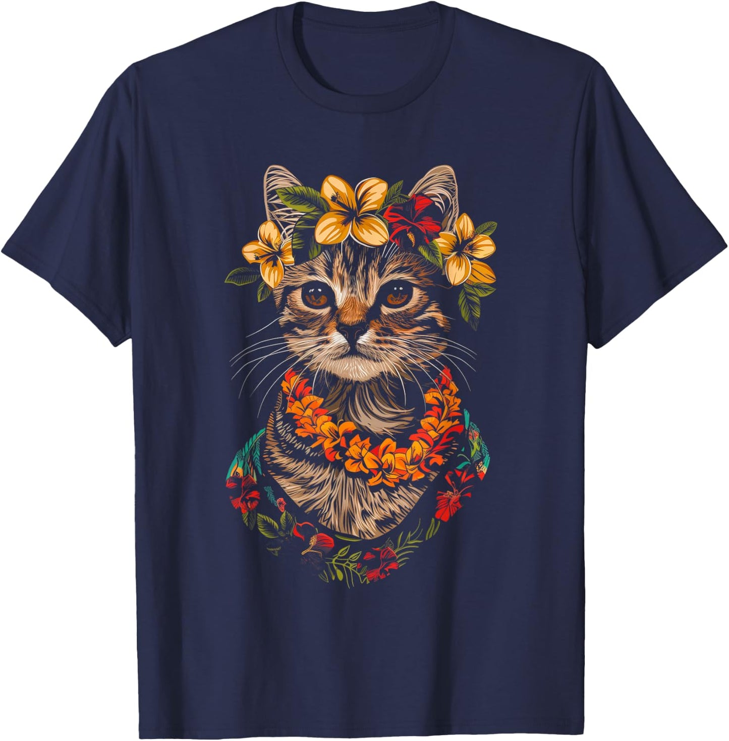 Cat Hawaiian Flowers Hula Hibiscus Funny Cute Hawaii T-Shirt - T-Shirt | Navy