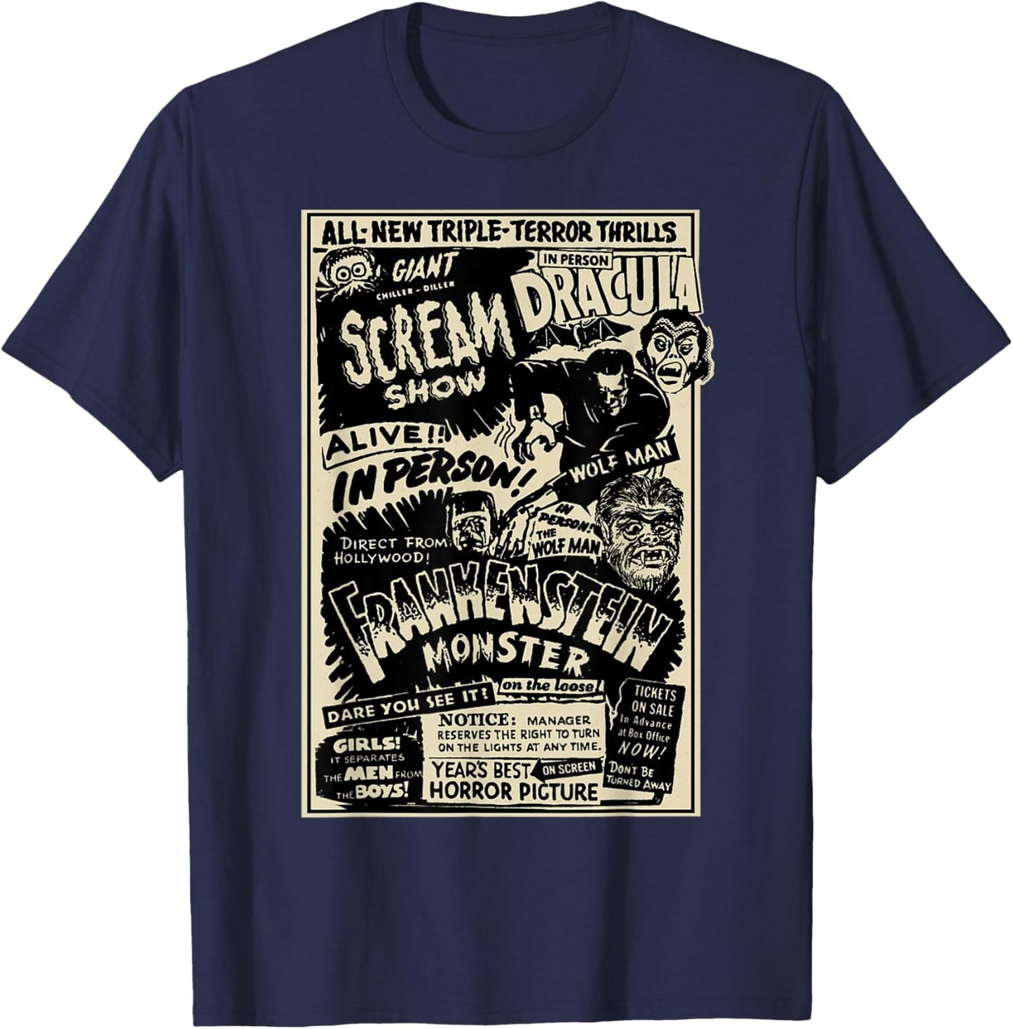 Horror Movie Monster Mummy Dracula Werewolf Frankenstein T-Shirt - T-Shirt | Navy