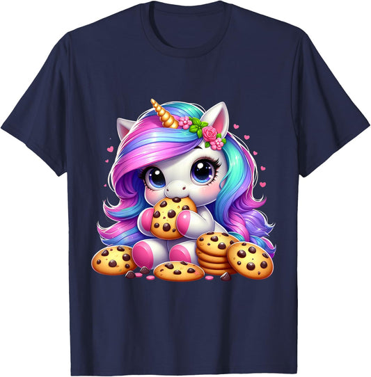Unicorn Eating Chocolate Chip Cookies Men Women Kids T-Shirt - T-Shirt | Navy