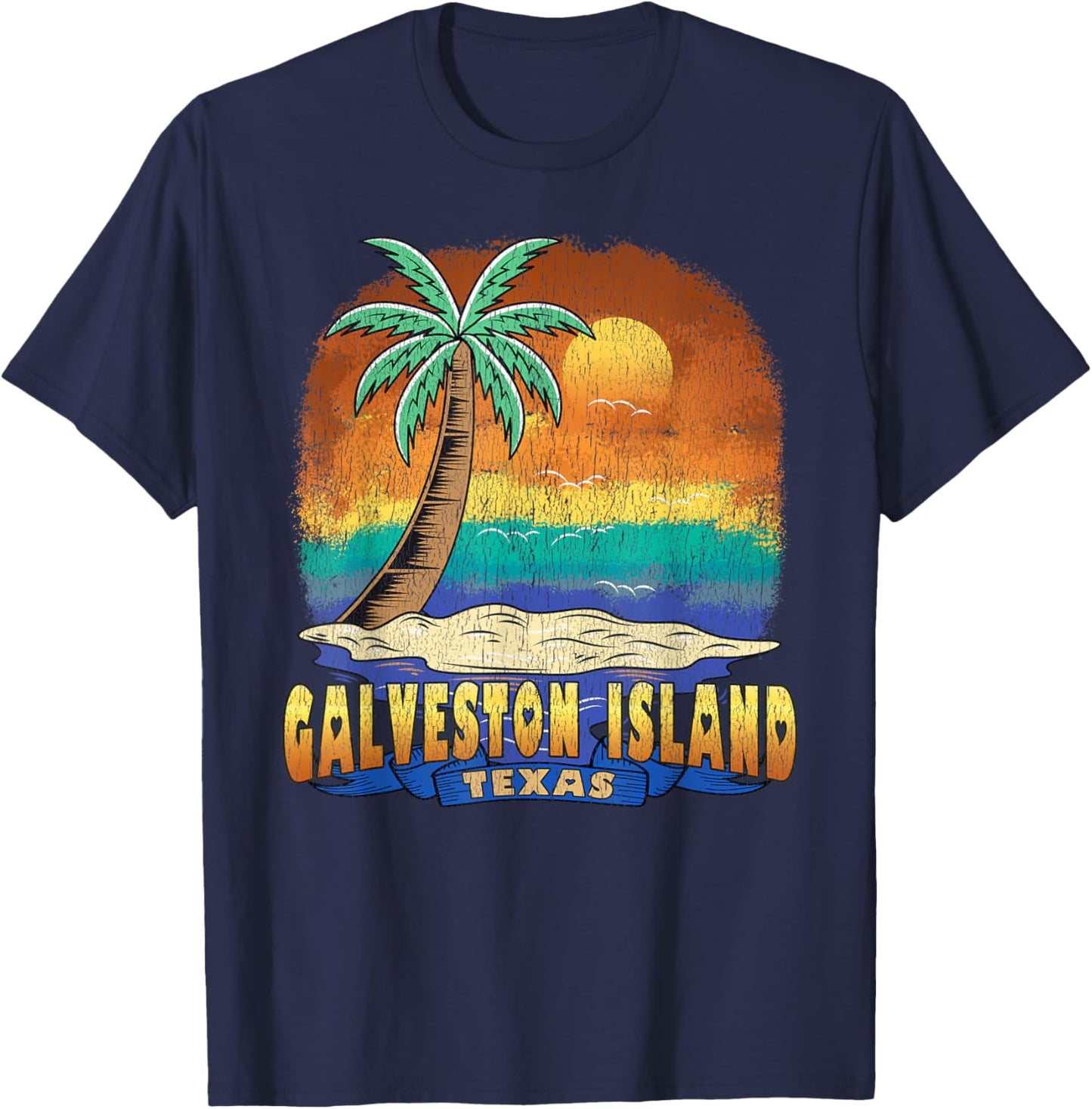 GALVESTON ISLAND TEXAS | Vintage Distressed Souvenir T-Shirt - T-Shirt | Navy