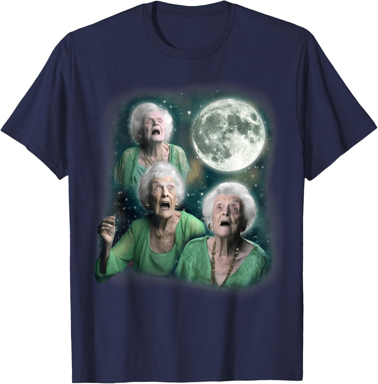 Three Granny Moon | 3 Old Ladys Howling Weird Cursed Meme T-Shirt - T-Shirt | Navy
