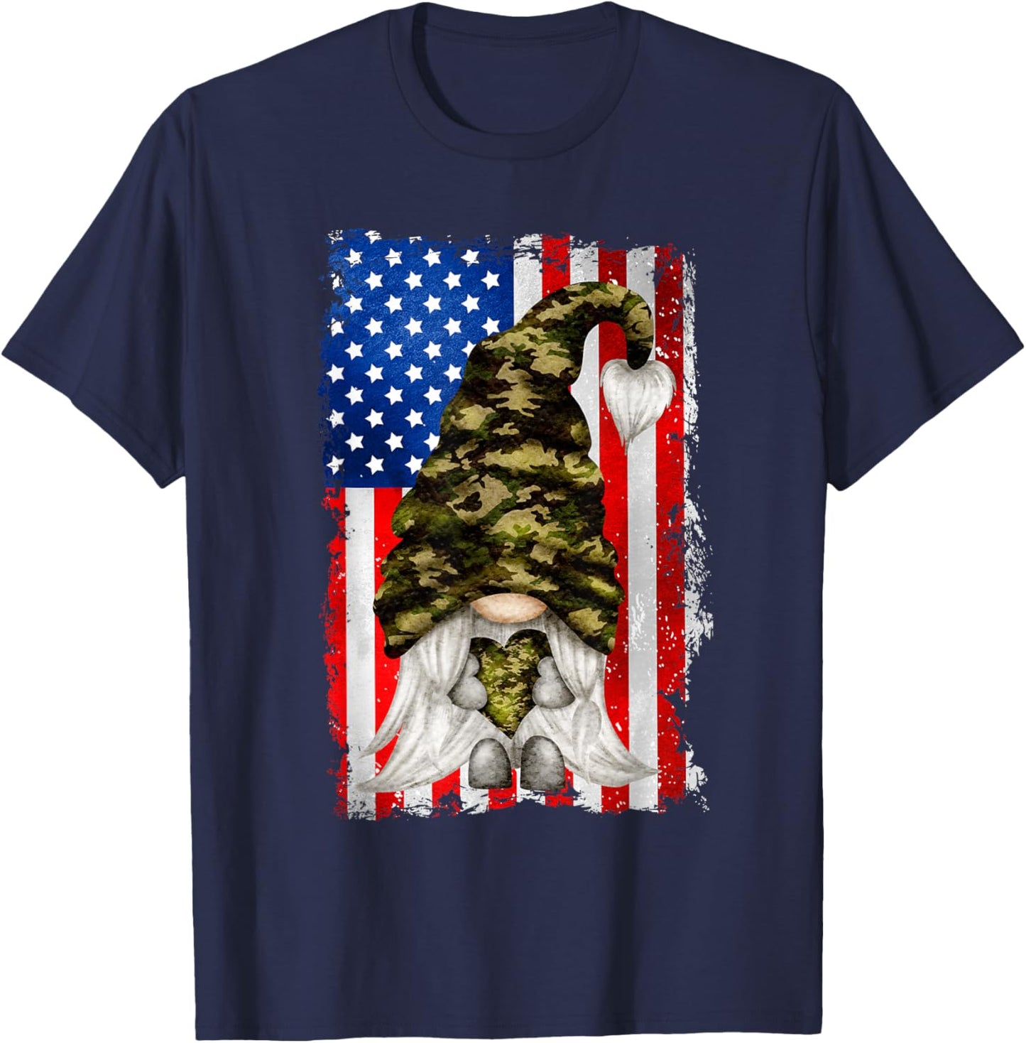 Patriotic Veteran Mom Heart And Love For America Camo Gnome T-Shirt - T-Shirt | Navy