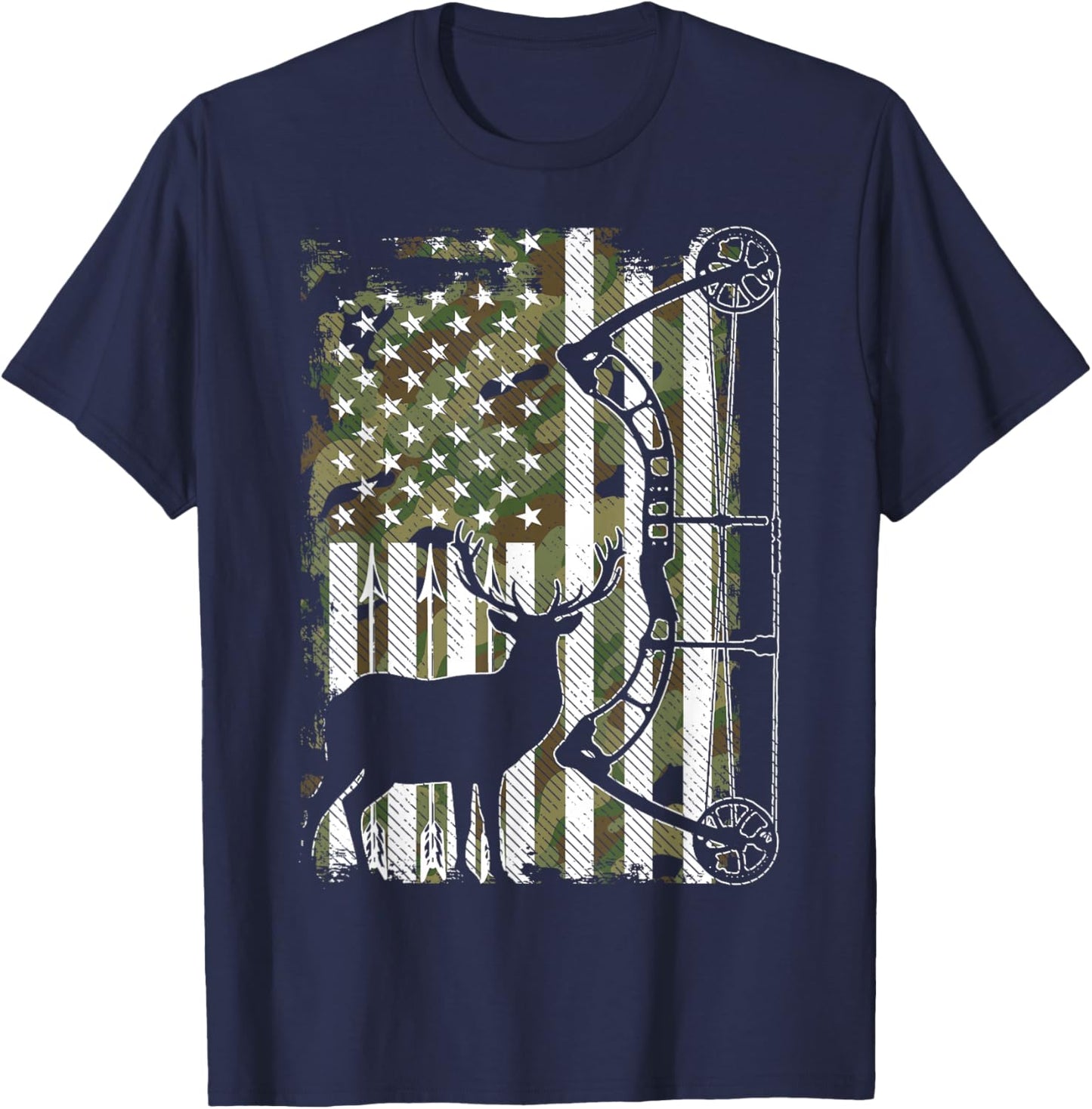 Bow Hunting Deer Hunter Camo American Flag Hunters T-Shirt - T-Shirt | Navy