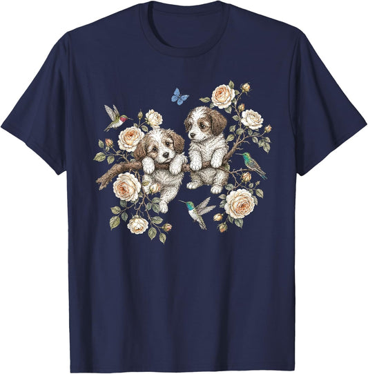 Vintage Puppy Floral Bird Nature Dog Mom Animal Dog Lover T-Shirt - T-Shirt | Navy