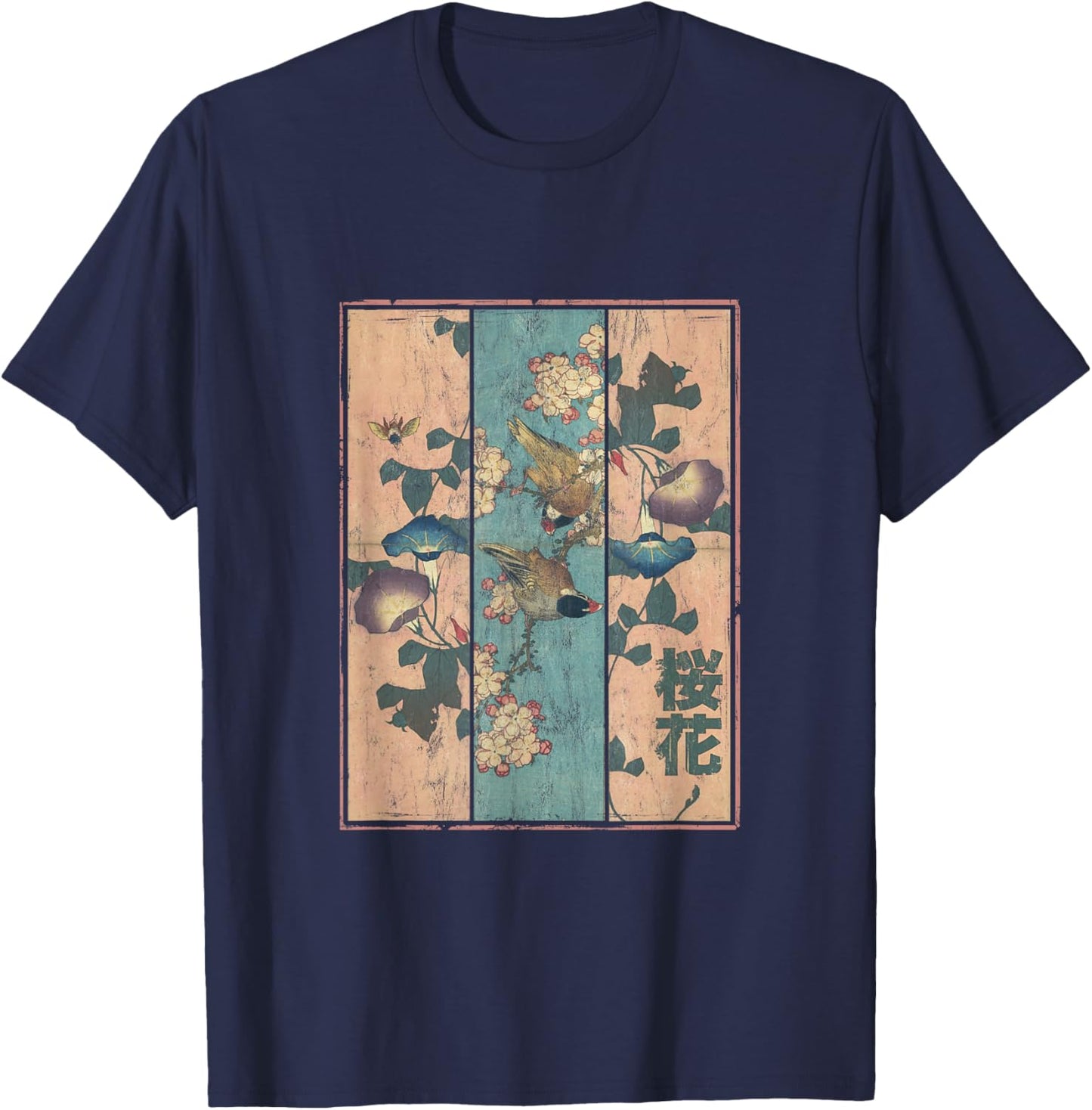 Japanese Aesthetic Birds And Cherry Blossoms Japan Art T-Shirt - T-Shirt | Navy