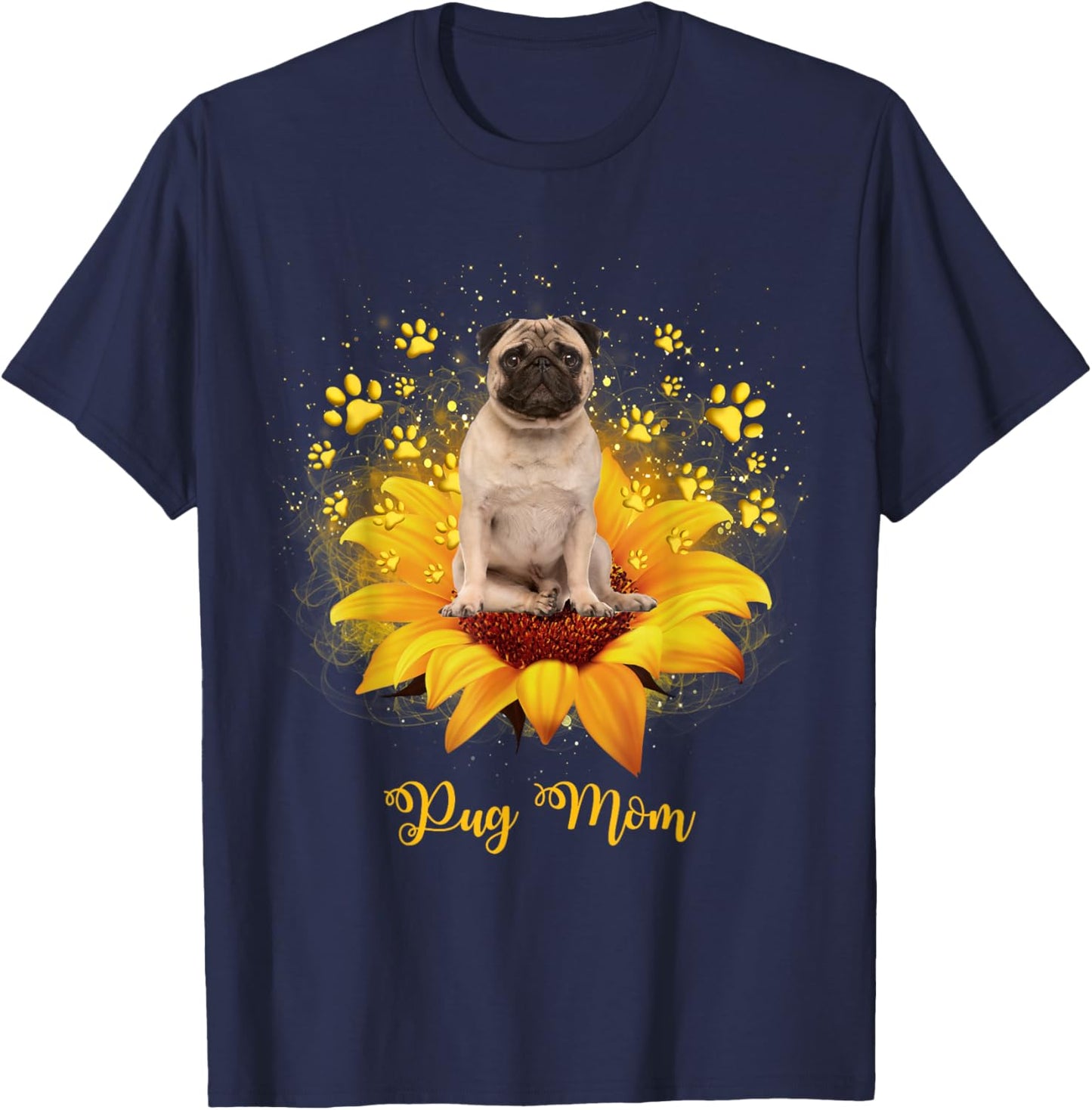 Pug Mom Sunflower With Dog Paw Mother's Day T-Shirt - T-Shirt | Navy