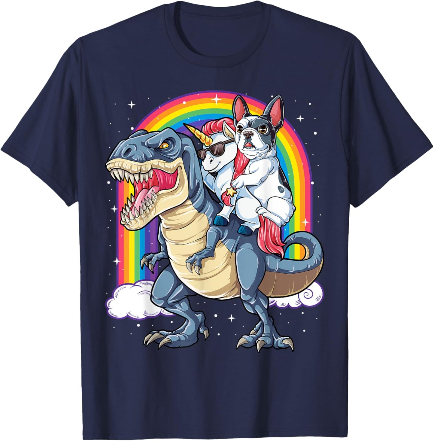French Bulldog Unicorn Riding Dinosaur T rex Gifts Girls T-Shirt - T-Shirt | Navy