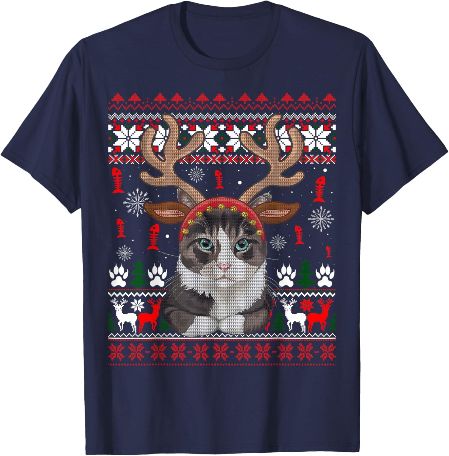 Christmas Cat Reindeer Ugly Christmas Sweater T-Shirt - T-Shirt | Navy