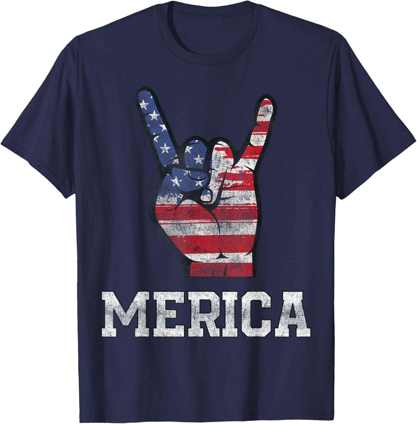 Merica Rock Sign 4th of July Vintage American Flag Retro USA T-Shirt - T-Shirt | Navy