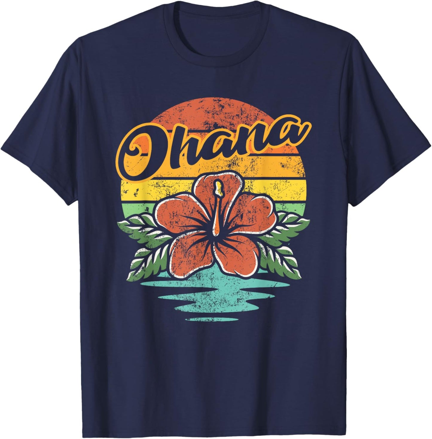 Ohana Hawaiian Family Vintage Retro Hawaii Hibiscus Flower T-Shirt - T-Shirt | Navy