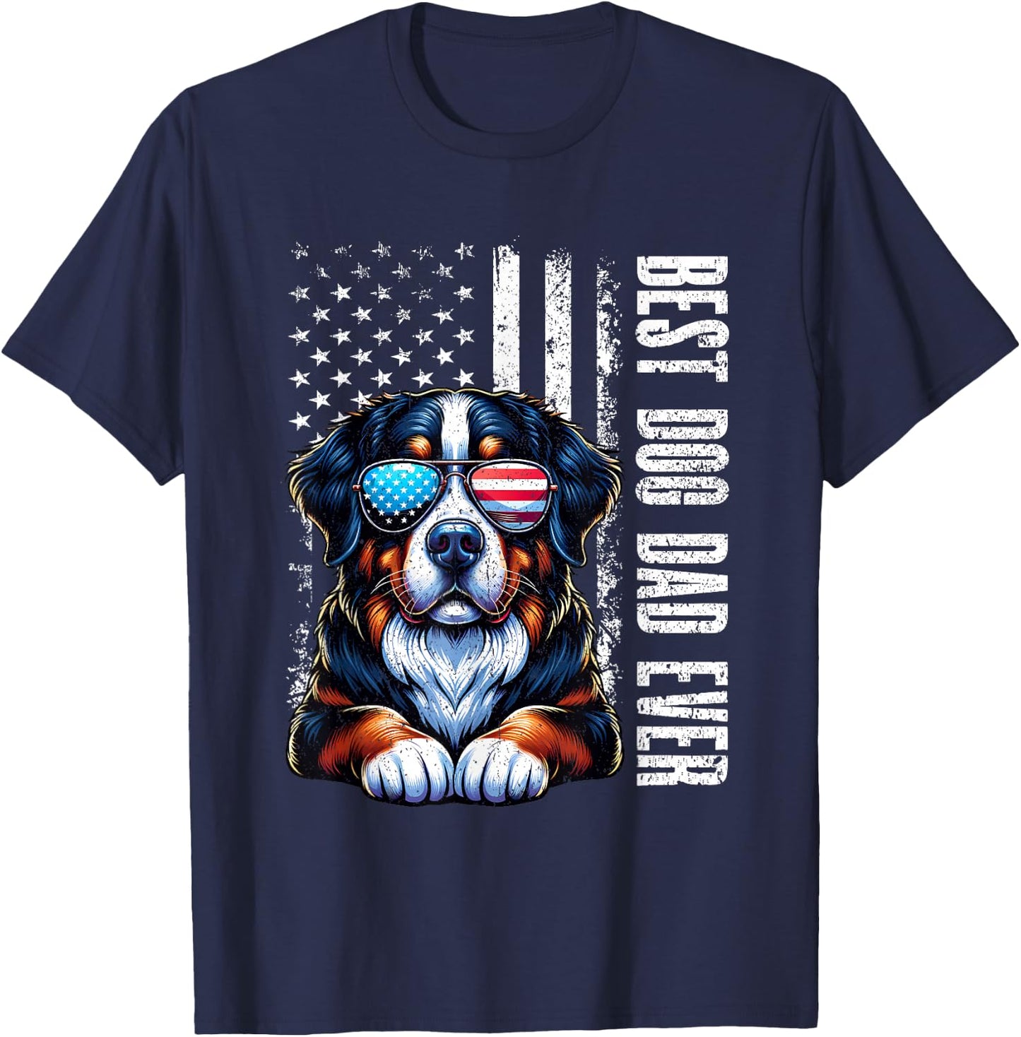 Best Dog Dad Ever Bernese Mountain American Flag Vintage T-Shirt - T-Shirt | Navy