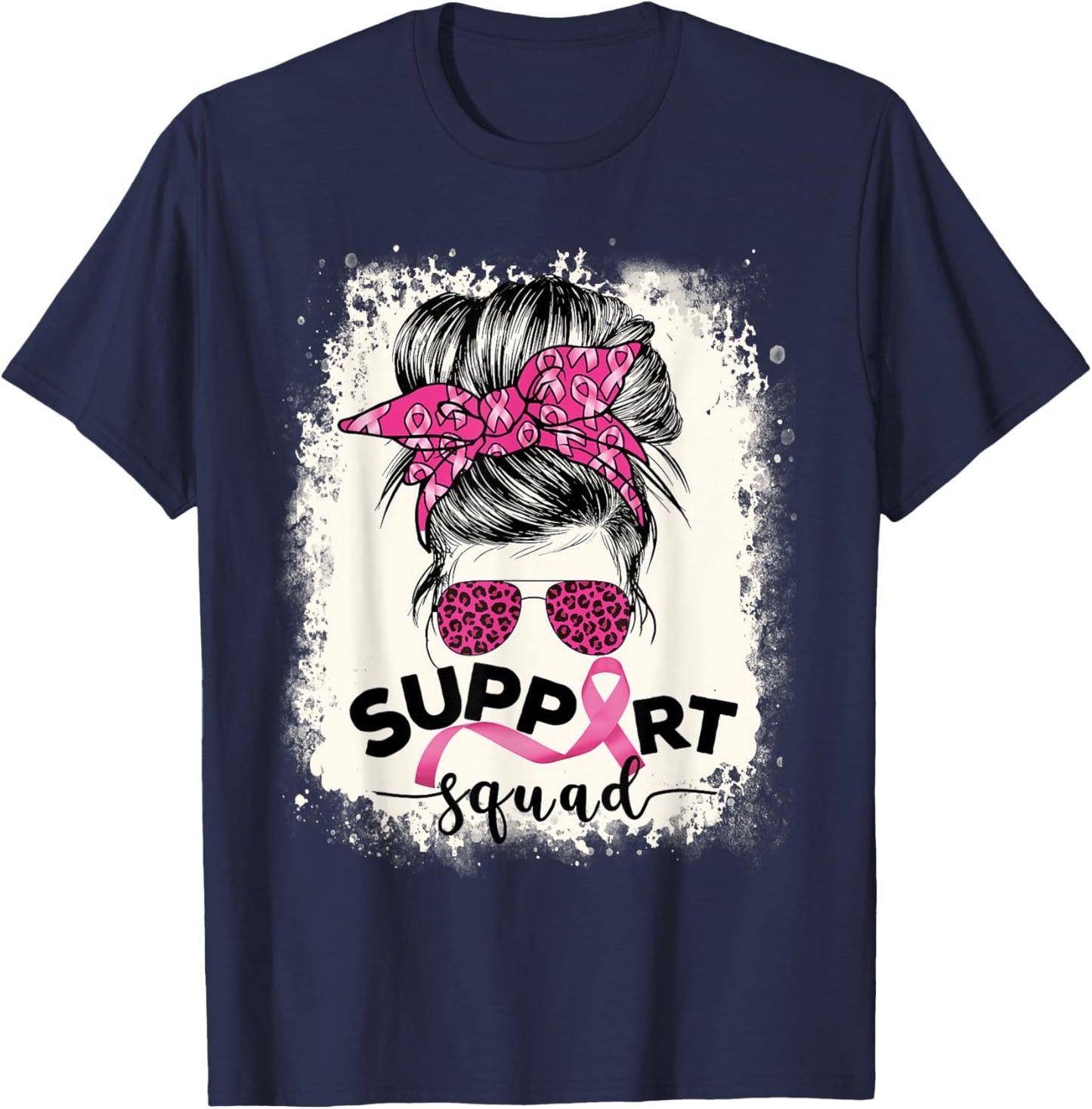 Support Squad Messy Bun Breast Cancer Awareness Pink Warrior T-Shirt - T-Shirt | Navy