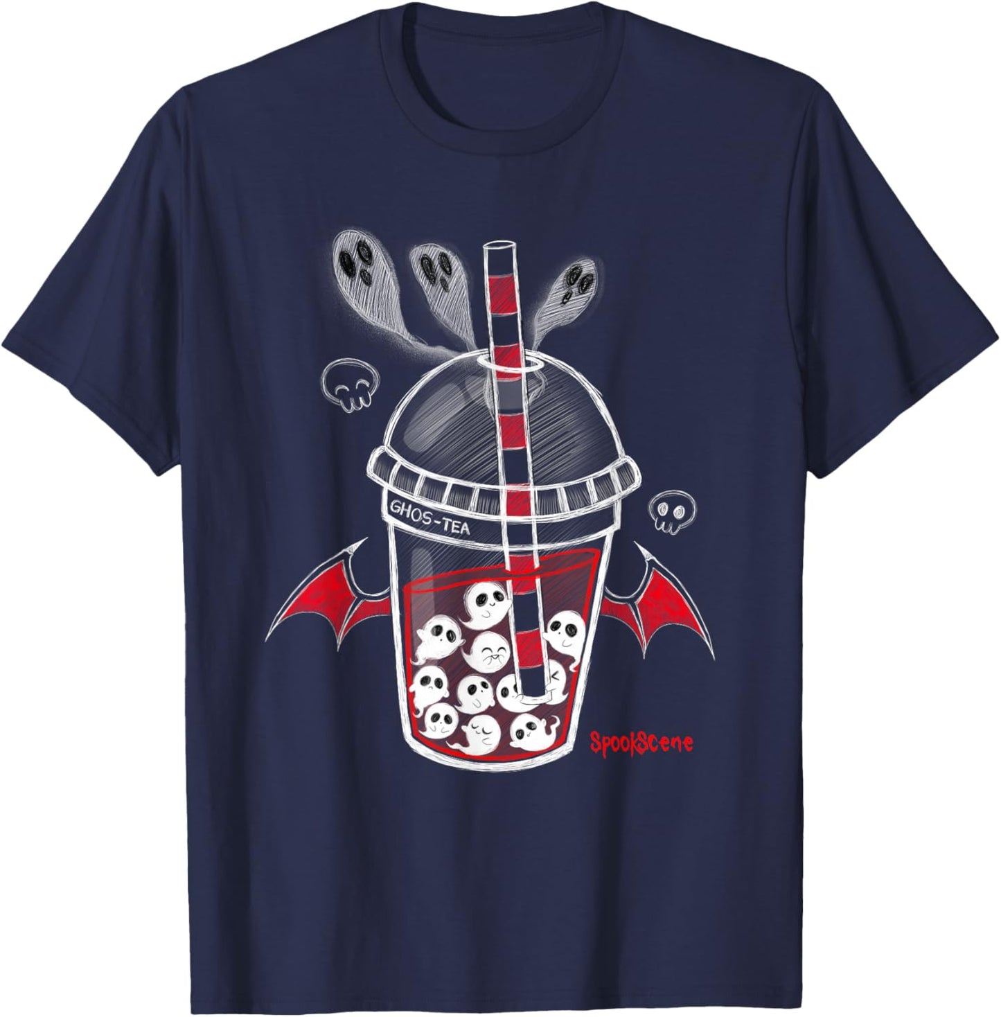 Spookscene Ghos-Tea Spooky Boba Emo Goth Alt Red T-Shirt - T-Shirt | Navy
