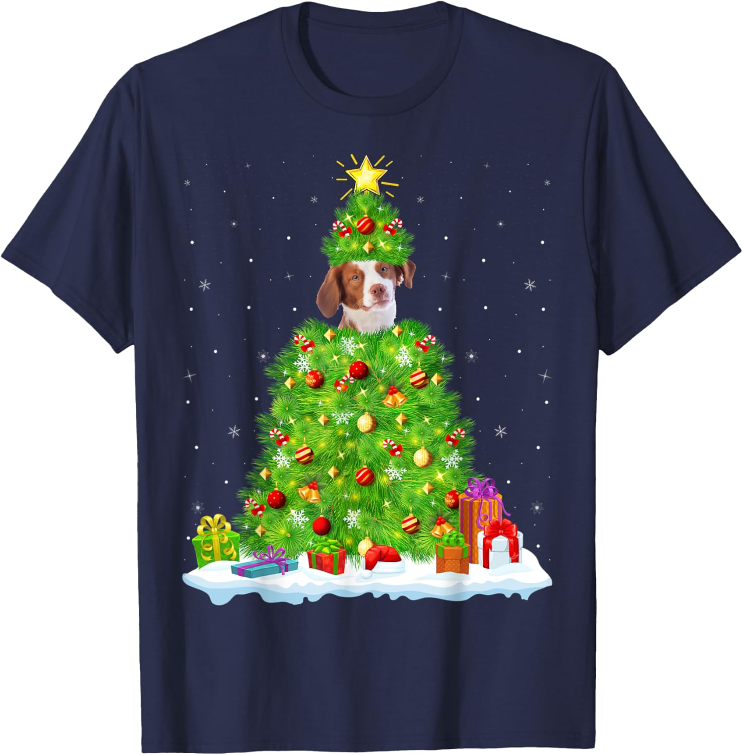 Xmas Lighting Matching Funny Brittany Spaniel Christmas Tree T-Shirt - T-Shirt | Navy