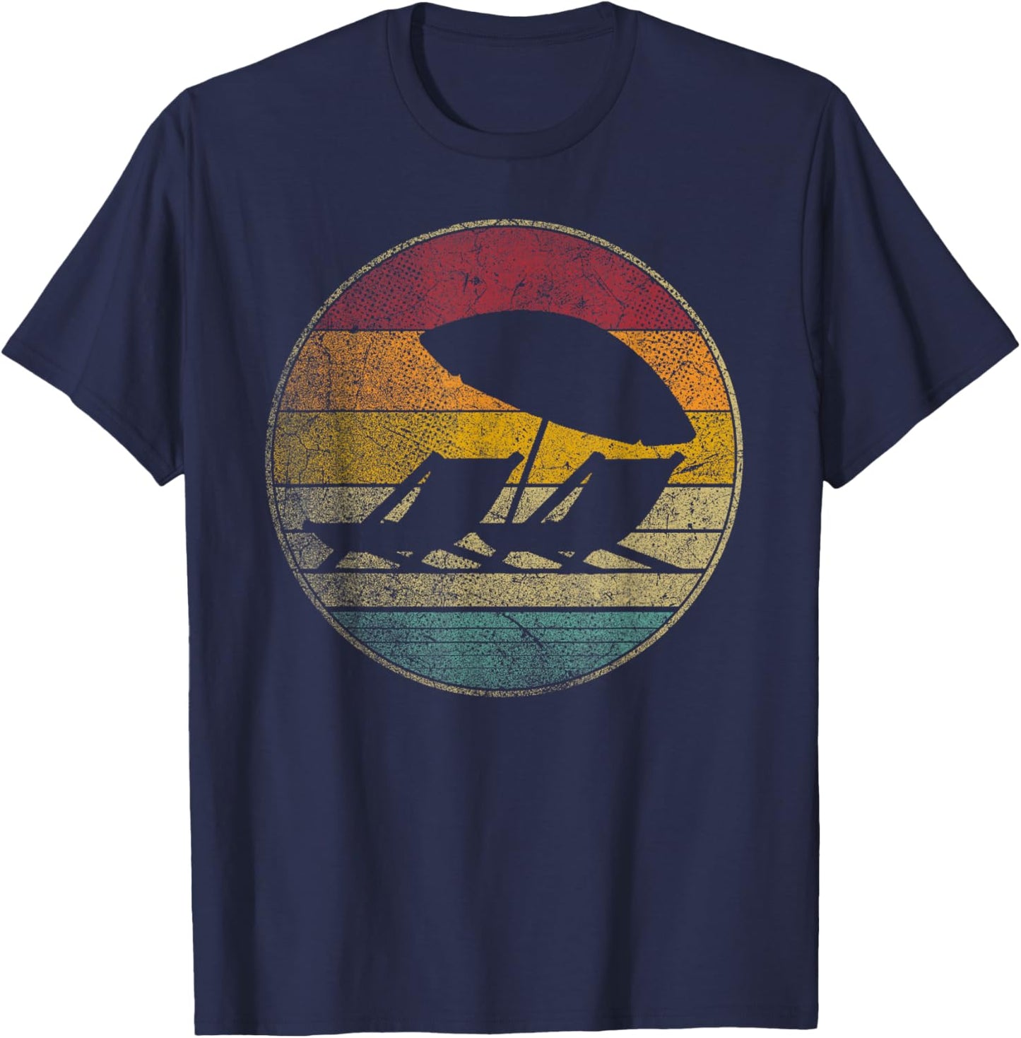 Beach Chair Umbrella Vacation Tropical Retro Vintage 70s 80s T-Shirt - T-Shirt | Navy