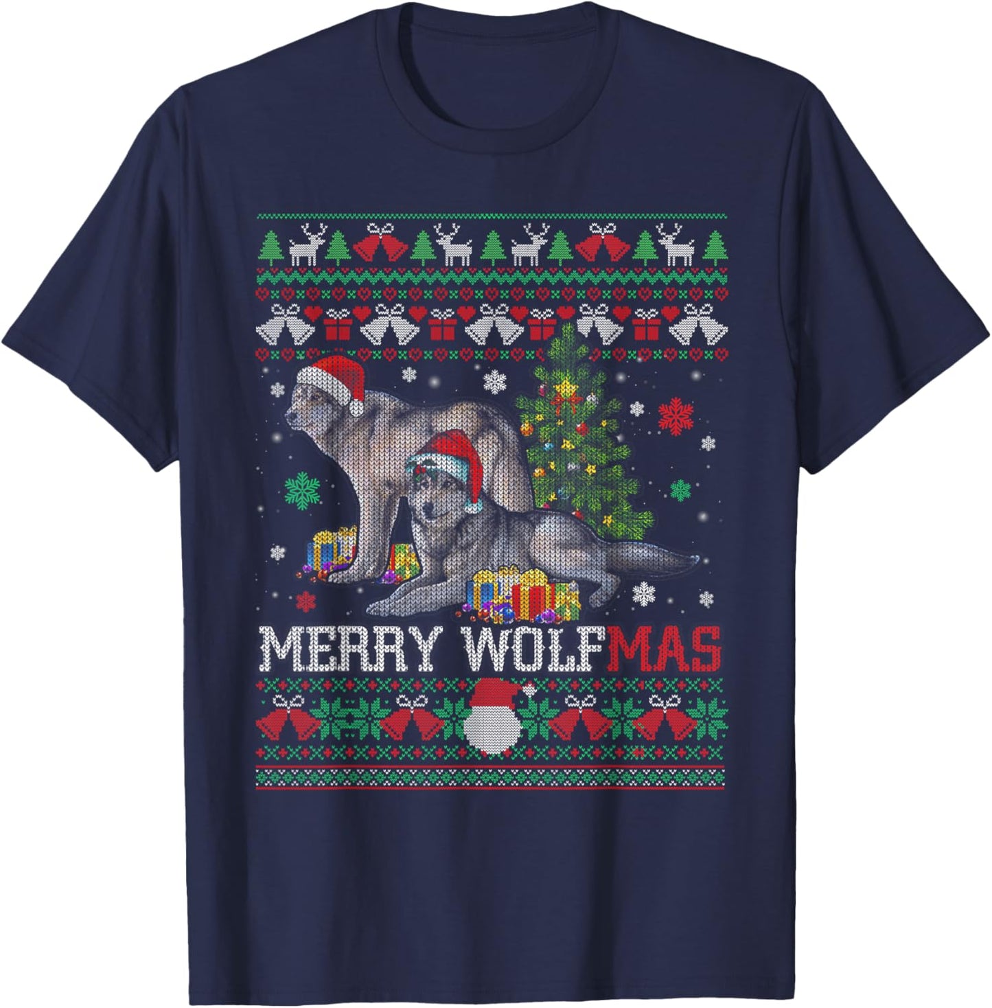 Merry Wolfmas Merry Christmas Wolf Ugly Sweater T-Shirt - T-Shirt | Navy