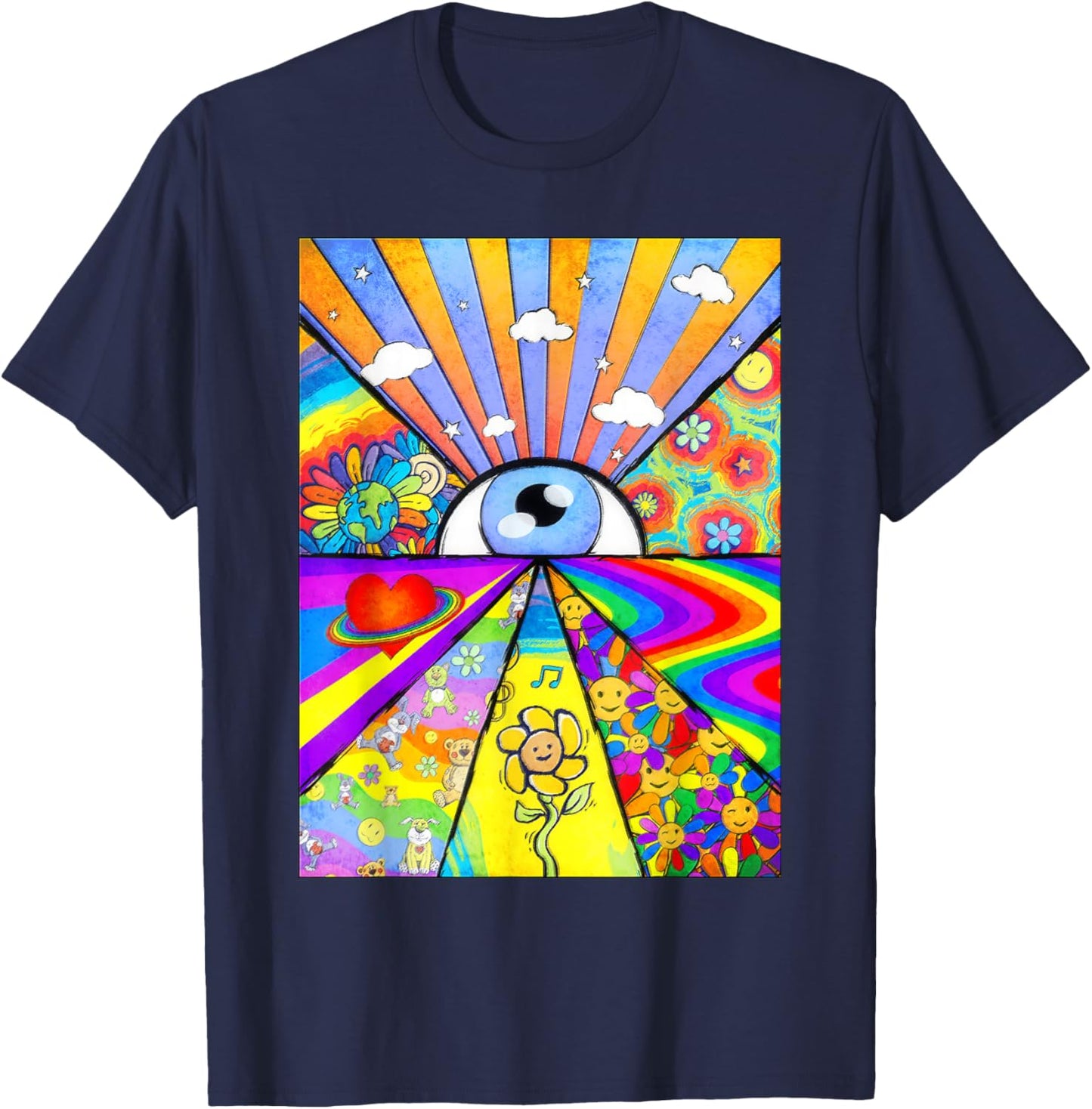 Kidcore Aesthetic Eyes Flower Rainbows Retro 80s 90s T-Shirt - T-Shirt | Navy