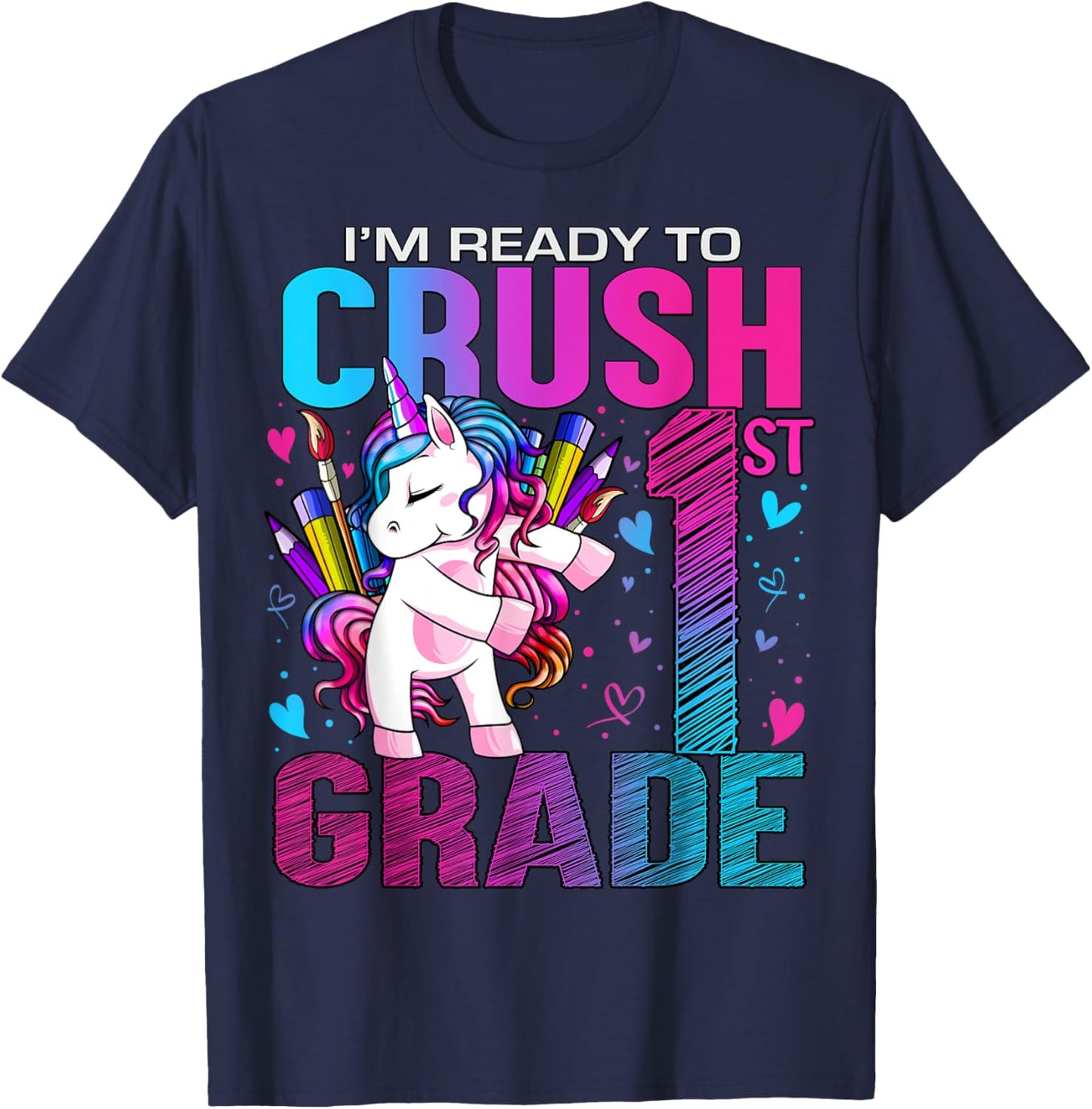 Ready to Crush First 1st Grade Back To School Unicorn Kids T-Shirt - T-Shirt | Navy