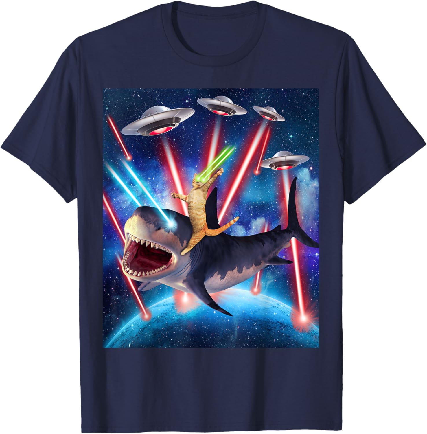 Space Cat Riding Shark Laser Eyes UFO Funny Kitty Cat Women Girls Kids T-Shirt - T-Shirt | Navy