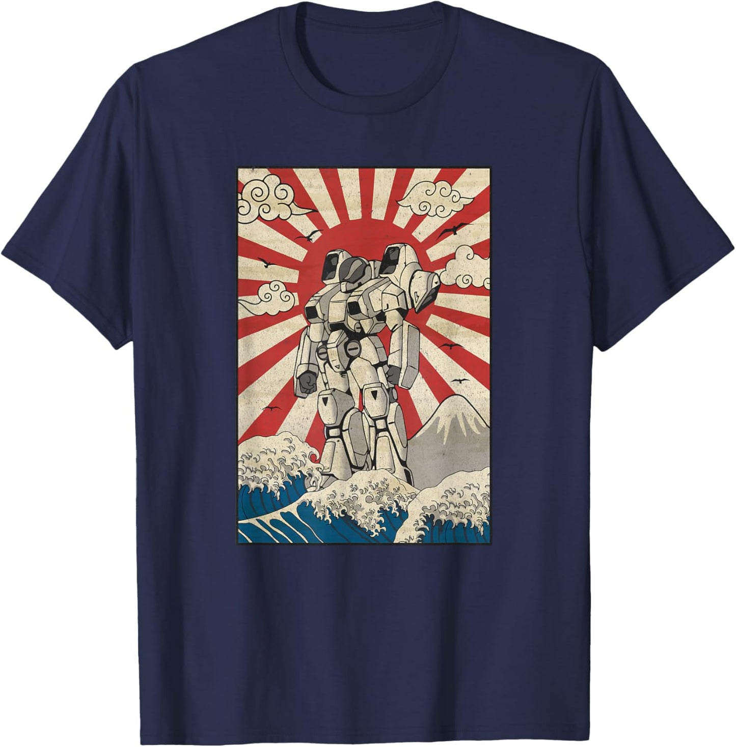 Japanese Mecha Anime Robot Kanagawa Great Wave Manga T-Shirt - T-Shirt | Navy