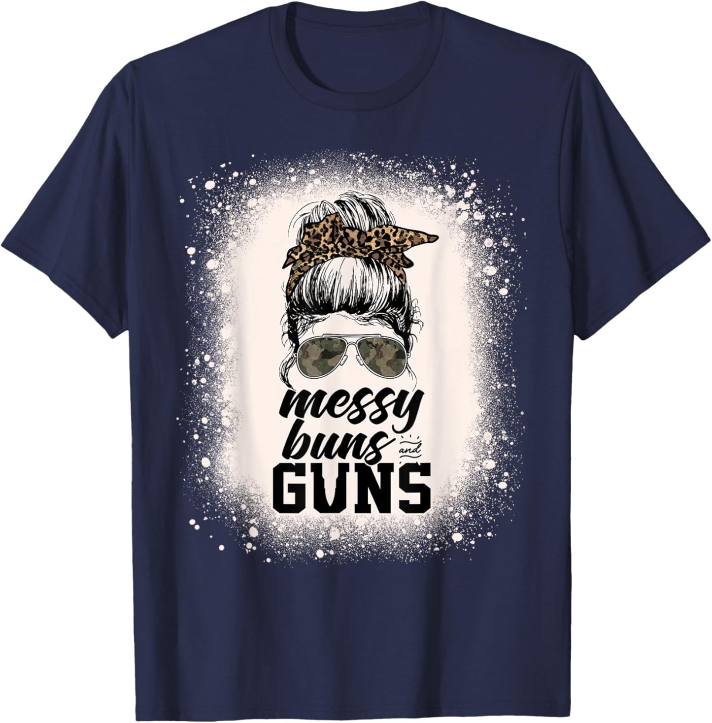 Messy Buns And Guns Leopard Camo Women Messy Bun Bleached T-Shirt - T-Shirt | Navy