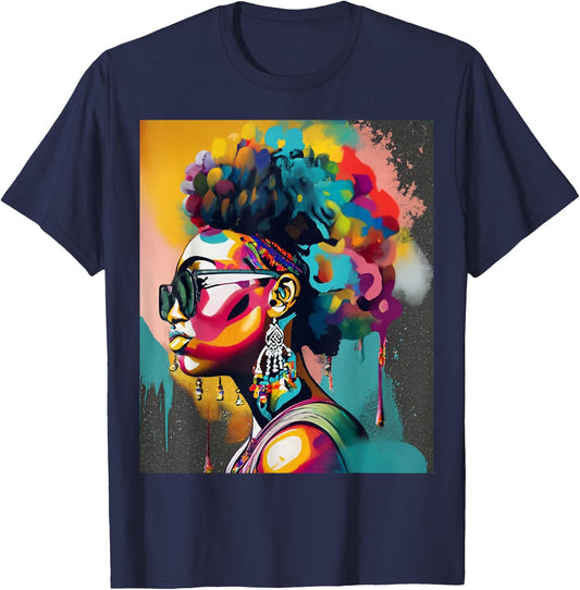 Colorful Art Black Queen Afro Melanin Dripping Juneteenth T-Shirt - T-Shirt | Navy