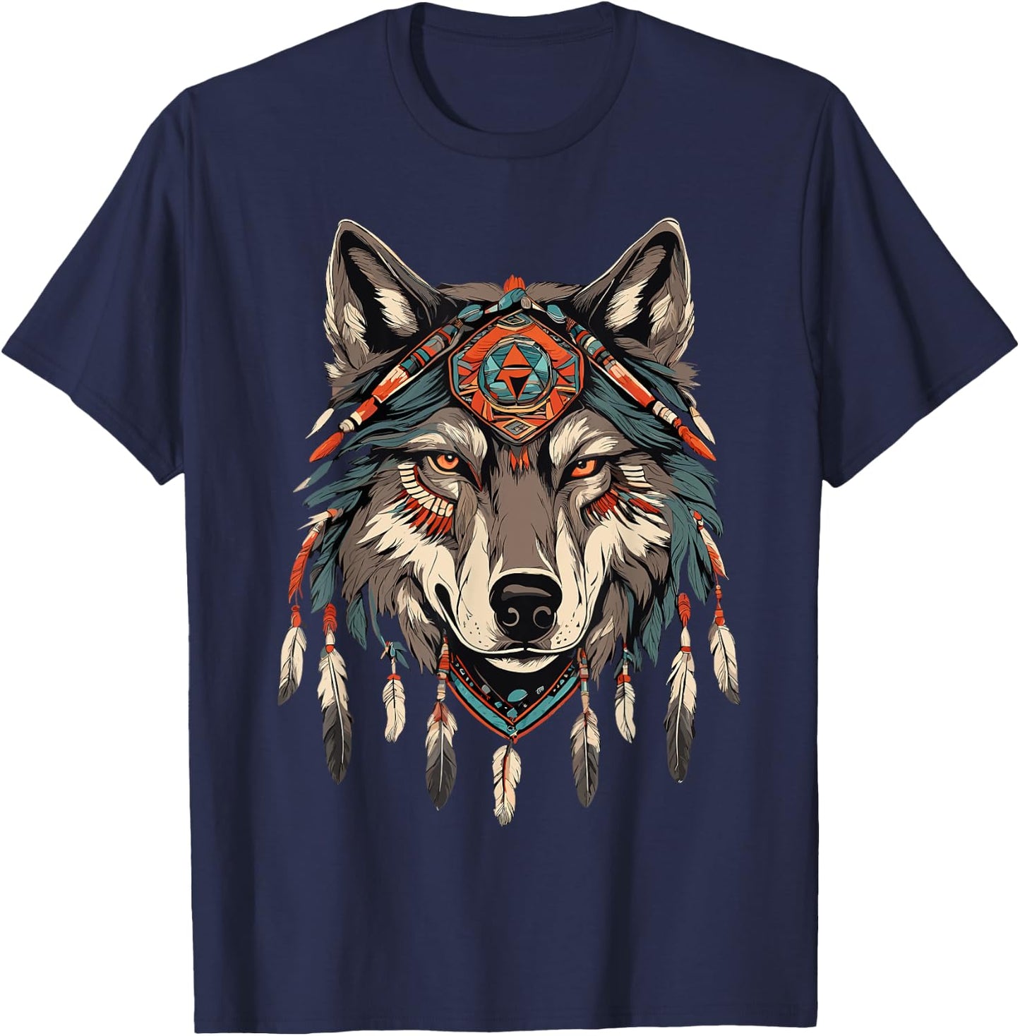 Native American Wolf Artwork T-Shirt - T-Shirt | Navy