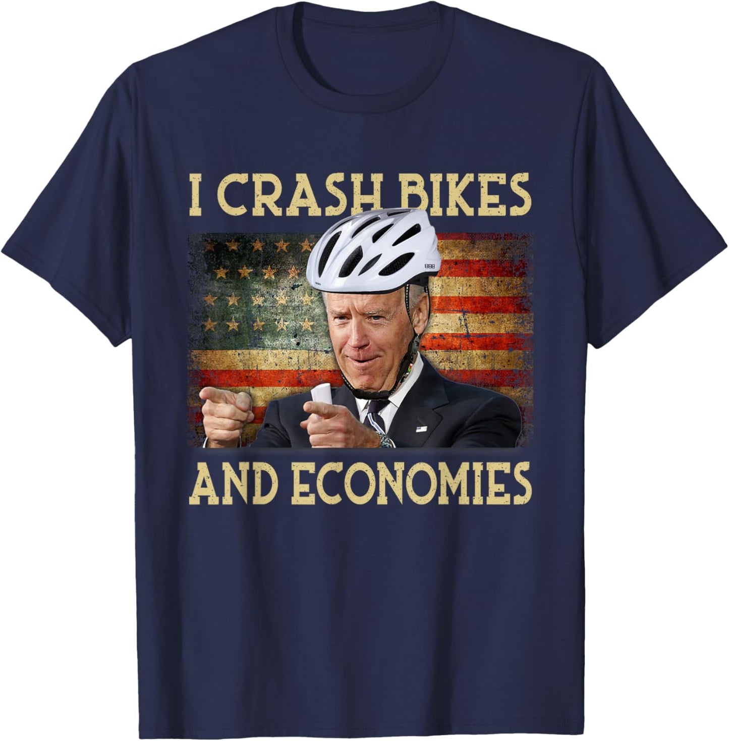 I Crash Bikes and Economies Joe Biden Falling off bike Retro T-Shirt - T-Shirt | Navy