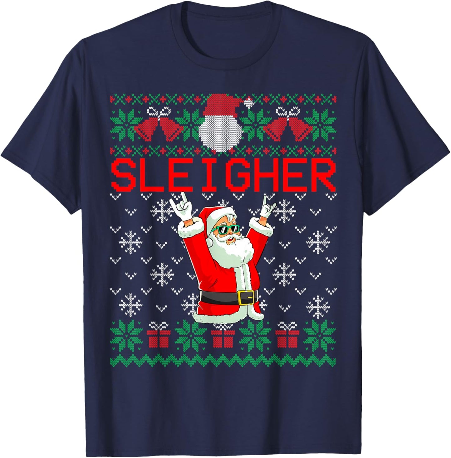 Sleigher Heavy Metal Music Hail Santa Ugly Christmas Sweater T-Shirt - T-Shirt | Navy