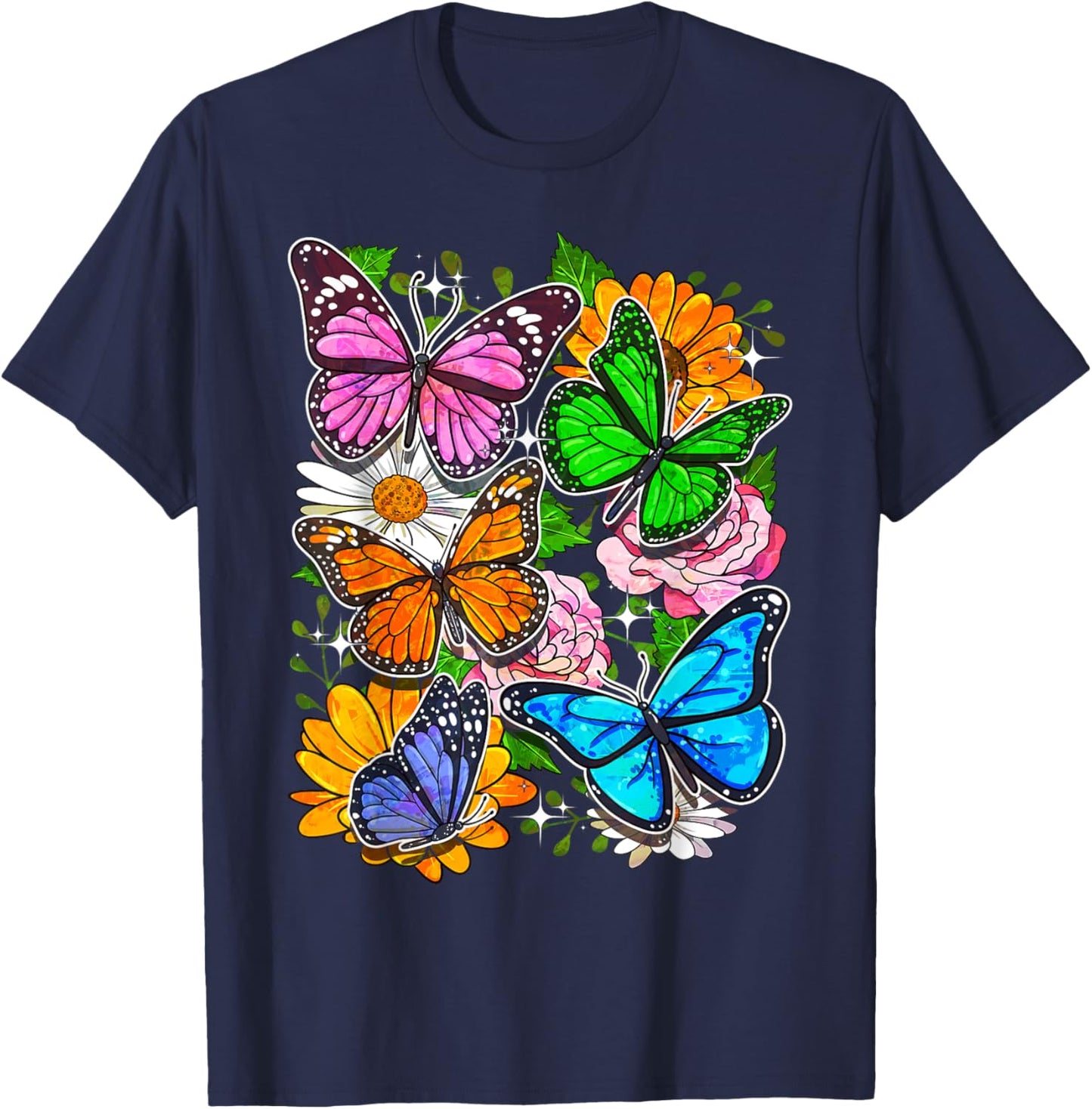Floral Butterfly Art Design Beautiful Butterflies T-Shirt - T-Shirt | Navy