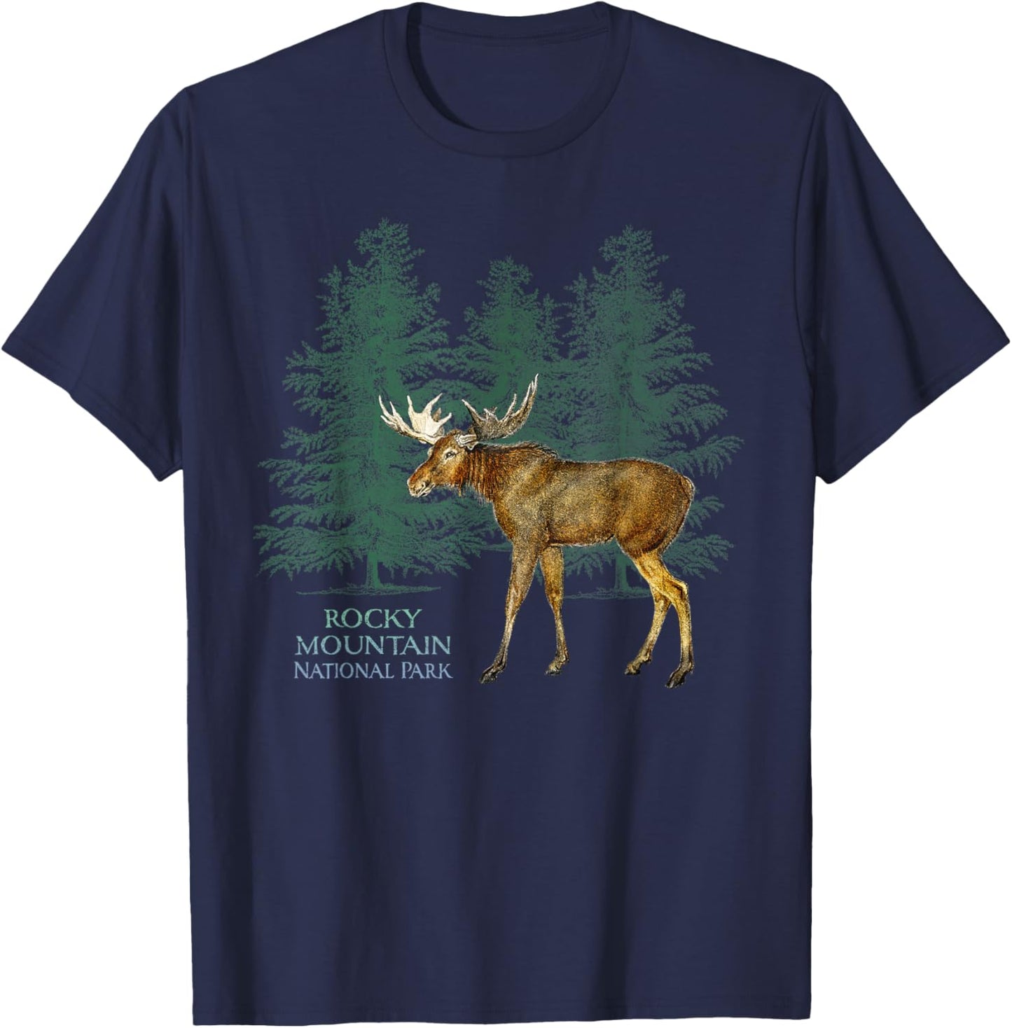 Rocky Mountain National Park Colorado Moose Trees T-Shirt - T-Shirt | Navy