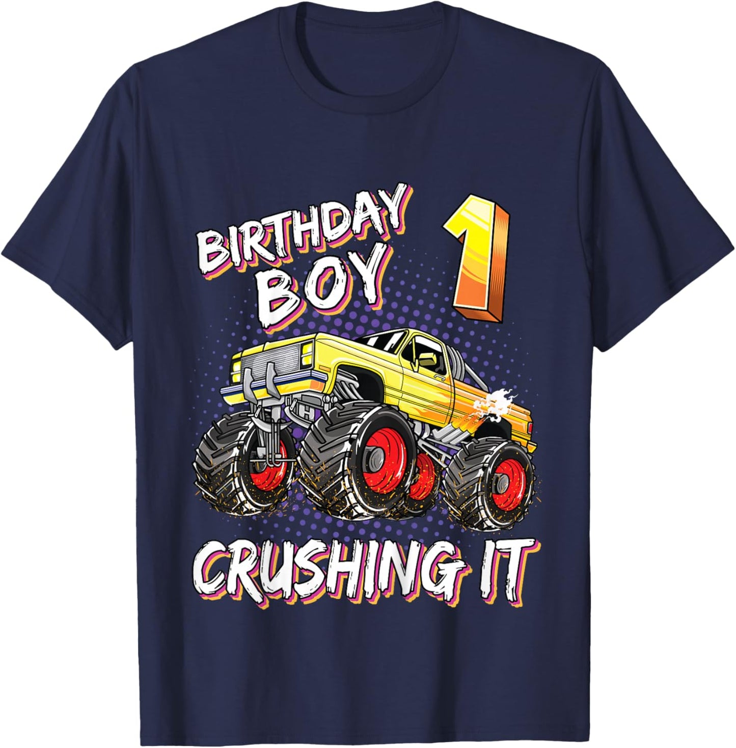 Kids 1 Year Old Birthday Boy Shirt Monster Truck 1st Birthday T-Shirt - T-Shirt | Navy