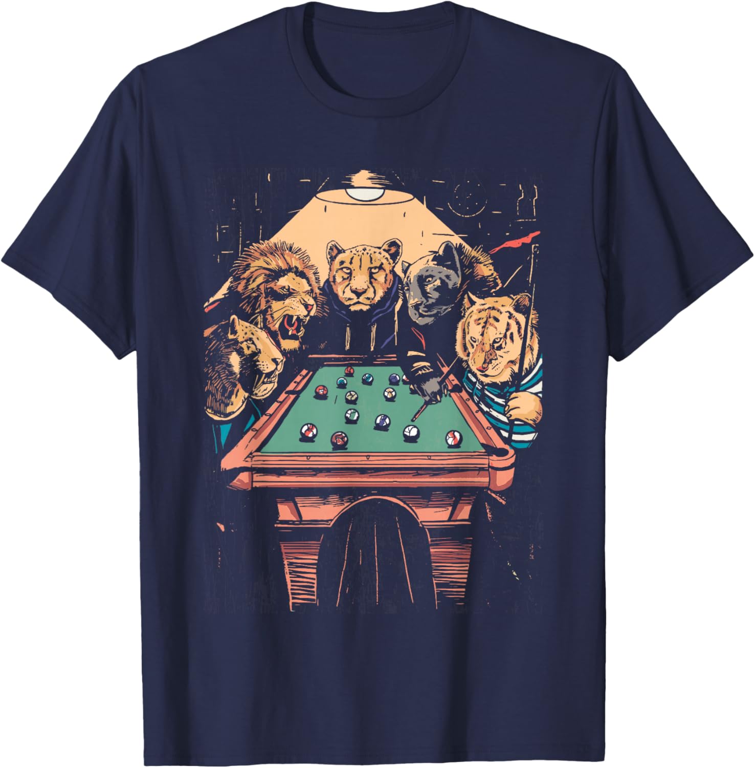 Big Cats Playing Pool Billiard 8-Ball Funny Animal T-Shirt - T-Shirt | Navy