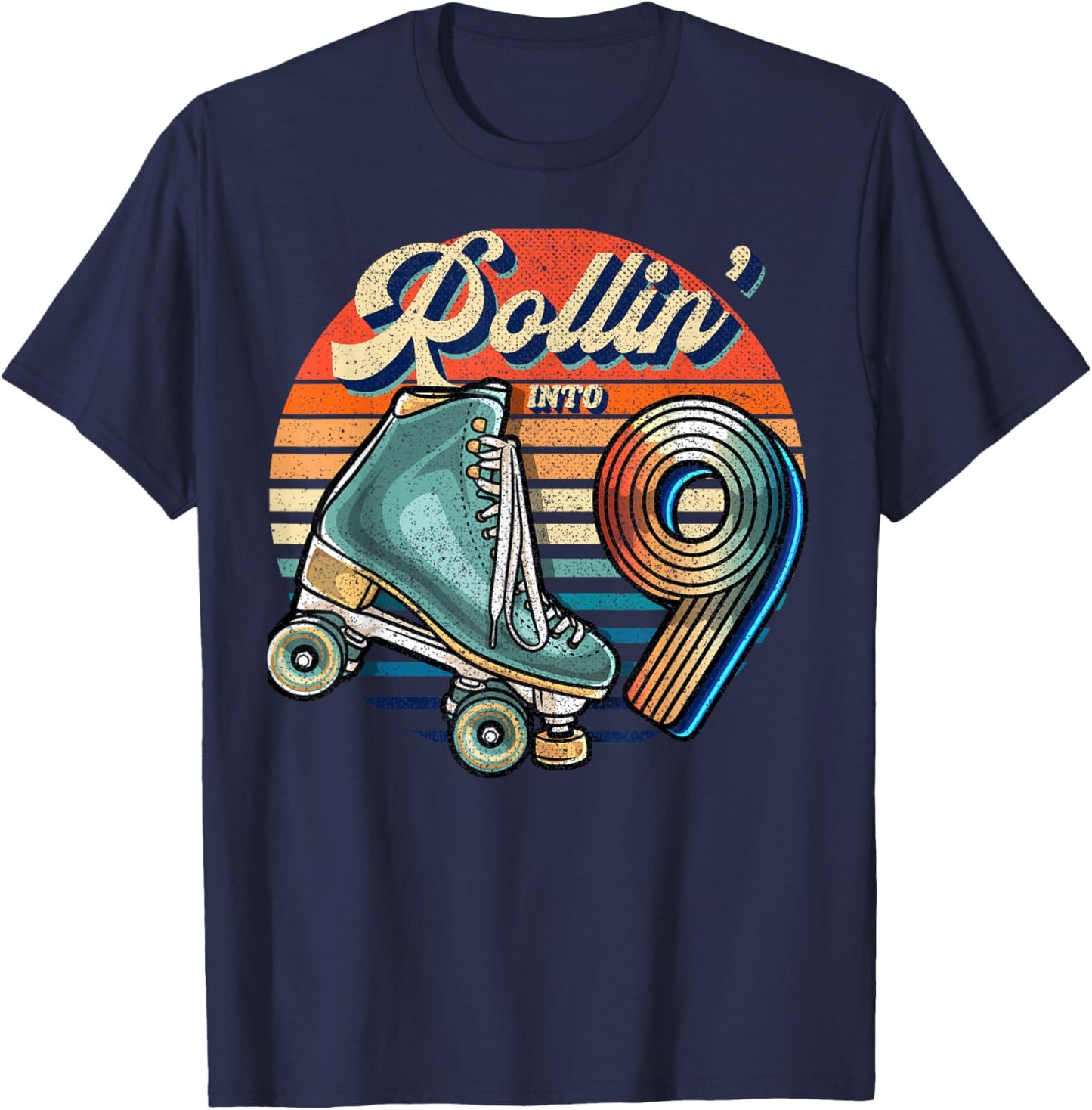 Rollin' into 9 Roller Skating Rink 9th Birthday Party Girls T-Shirt - T-Shirt | Navy
