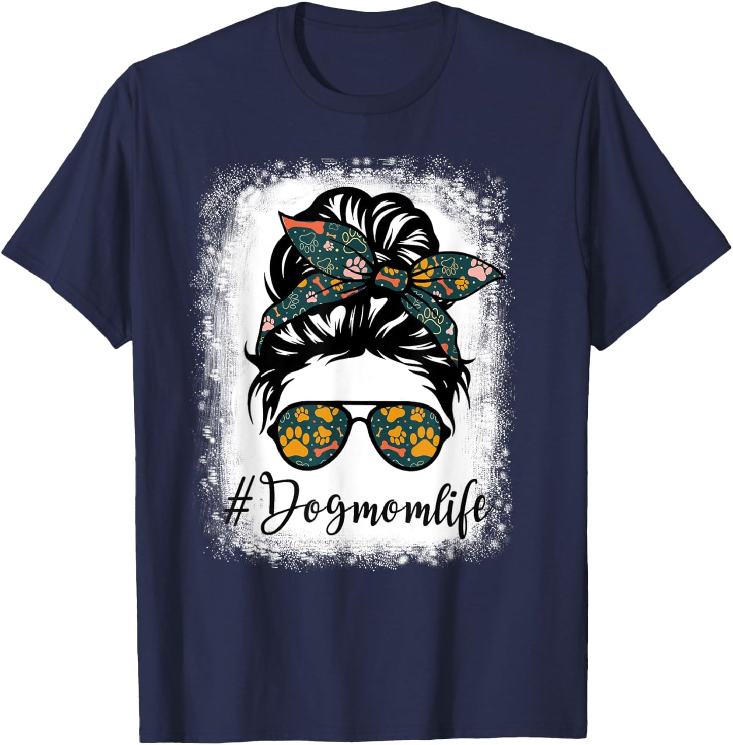 Vintage Women's Dog Mom Life Messy Bun Leopard Print Funny Animal Print - Black - Small T-Shirt - T-Shirt | Navy