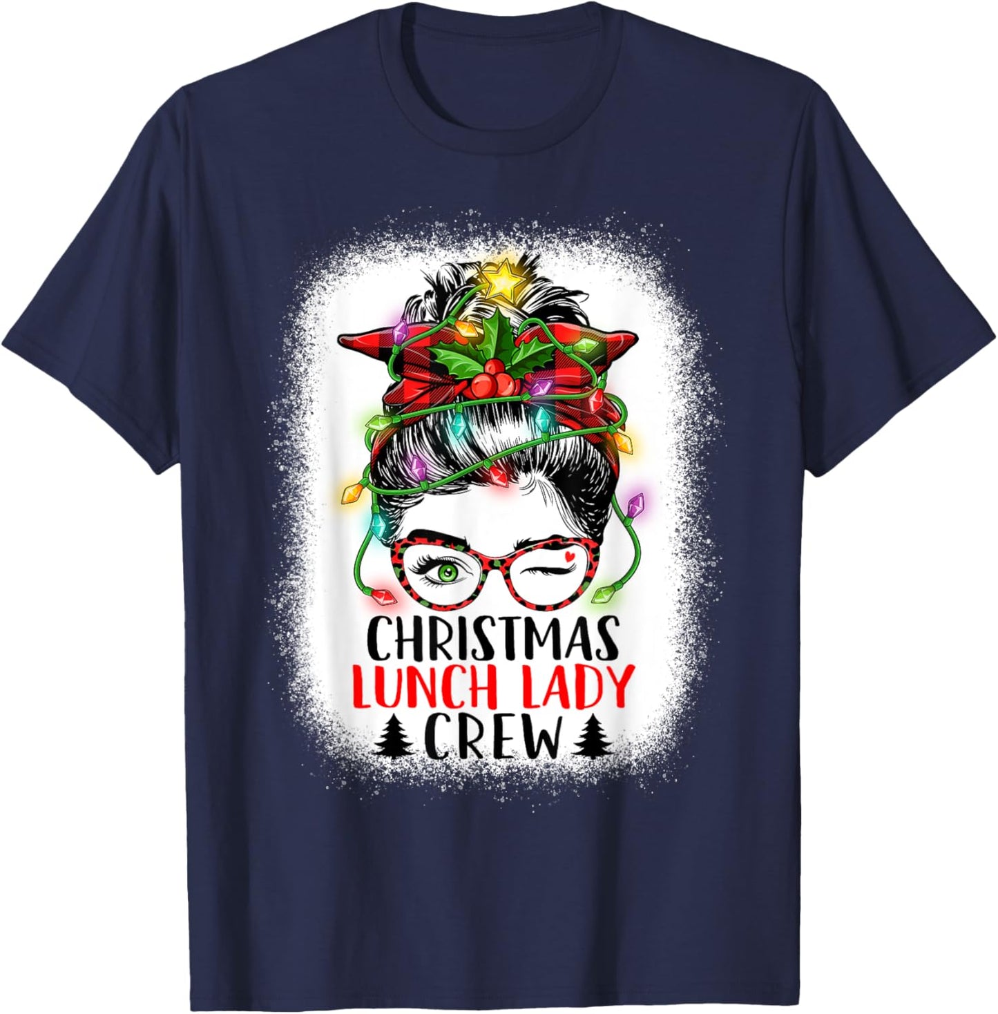 Christmas Lunch Lady Crew Messy Bun Women Christmas Lights T-Shirt - T-Shirt | Navy