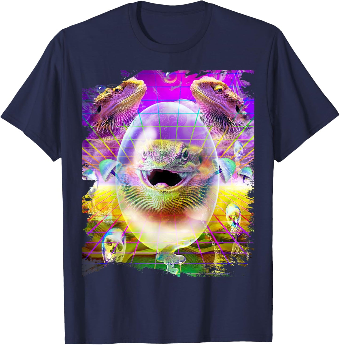 Bearded Dragon Lizard Lizards Rave Trippy Psychedelic Funny T-Shirt - T-Shirt | Navy