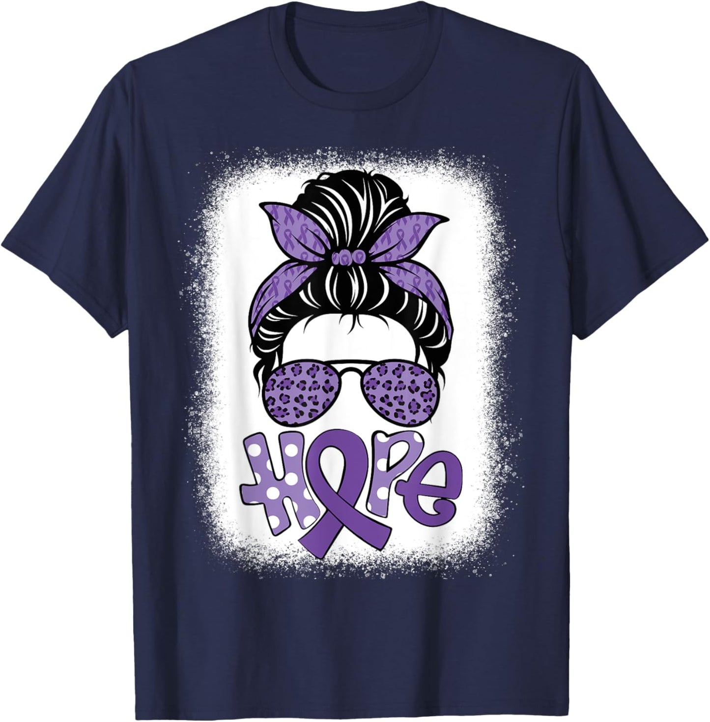 Bleached Hope Messy Bun Leopard Pancreatic Cancer Awareness T-Shirt - T-Shirt | Navy