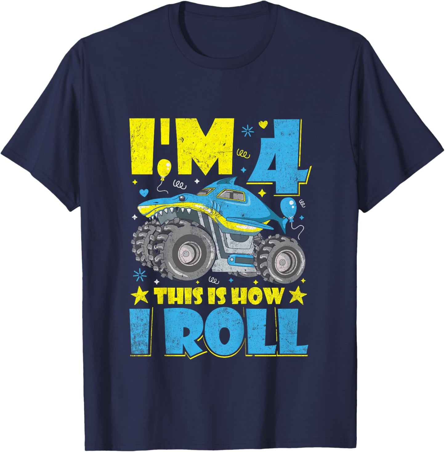Monster Truck Shark 4th Birthday Boys and Girls Novelty T-Shirt - T-Shirt | Navy