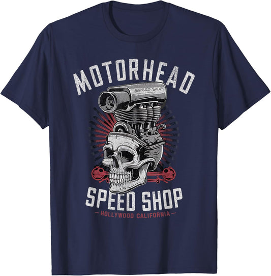 Skeleton Motor Head Speed Shop Hot Rod Mechanic Car Lover T-Shirt - T-Shirt | Navy