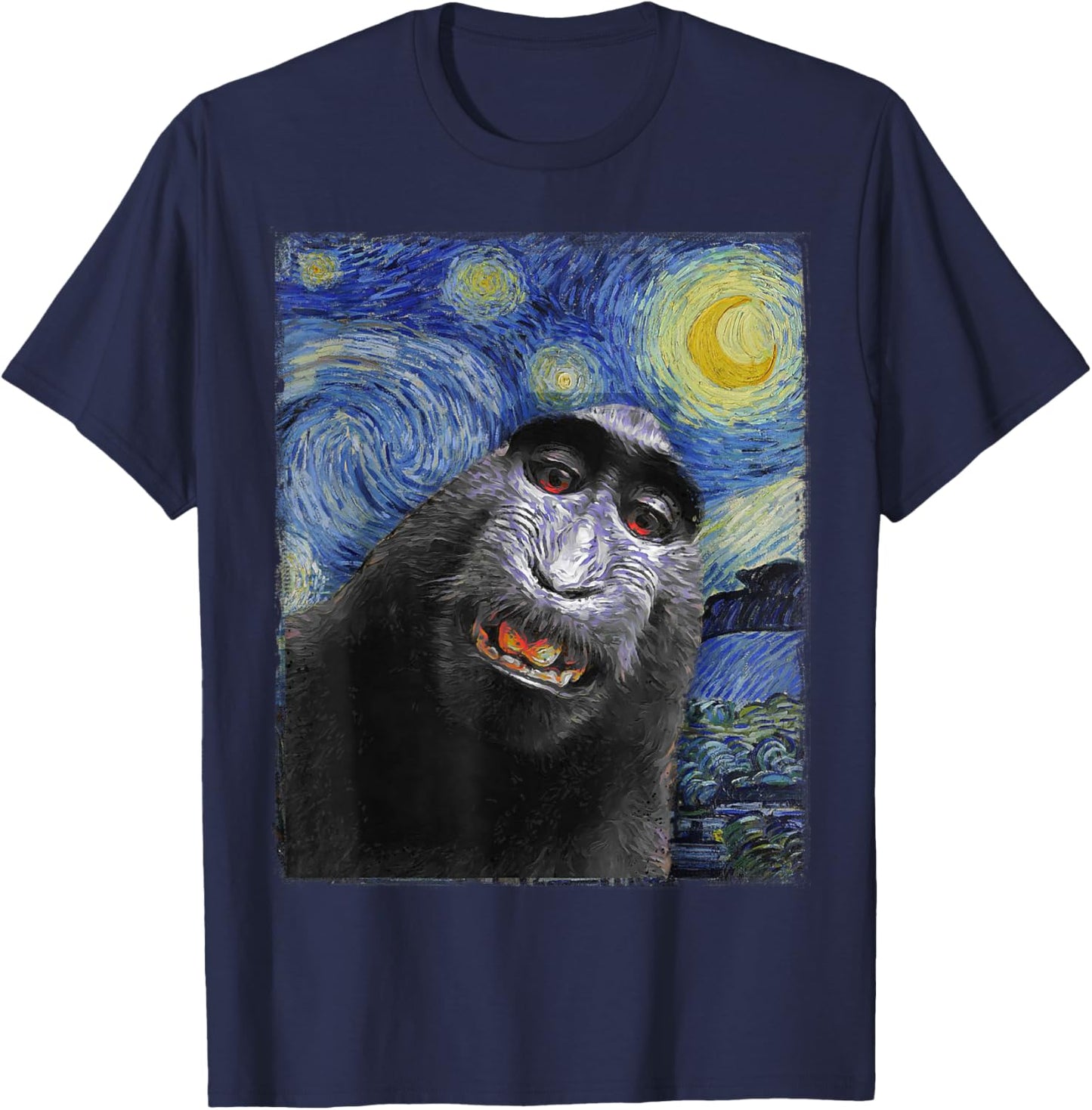 Funny monkey selfie Van Gogh Starry night Funny Art Painting T-Shirt - T-Shirt | Navy
