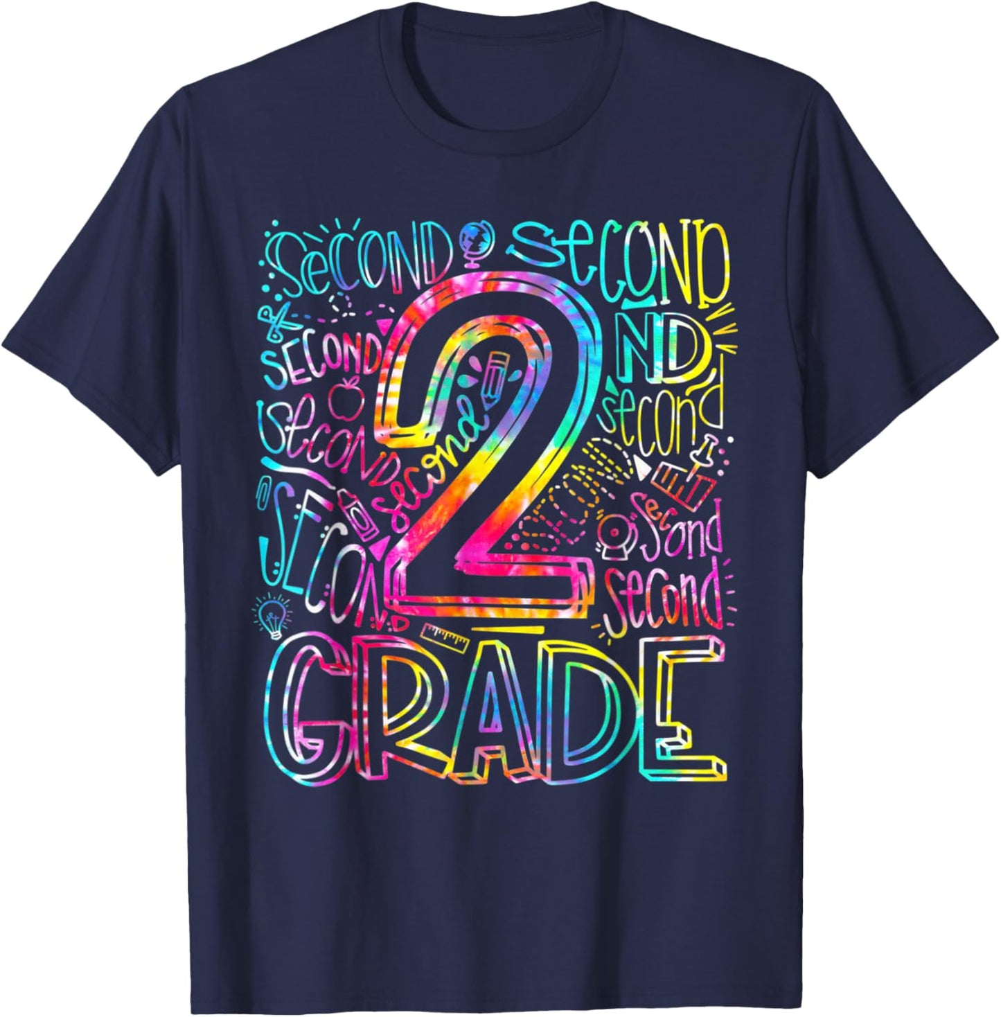 Tie Dye 2nd Grade Typography Team Second Grade Teacher Men Women Kids T-Shirt - T-Shirt | Navy