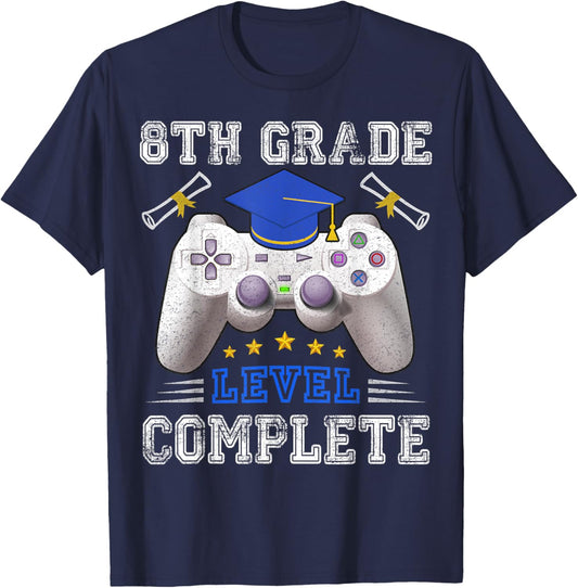 8th Grade Level Complete Gamer Class Of 2025 Graduation T-Shirt - T-Shirt | Navy