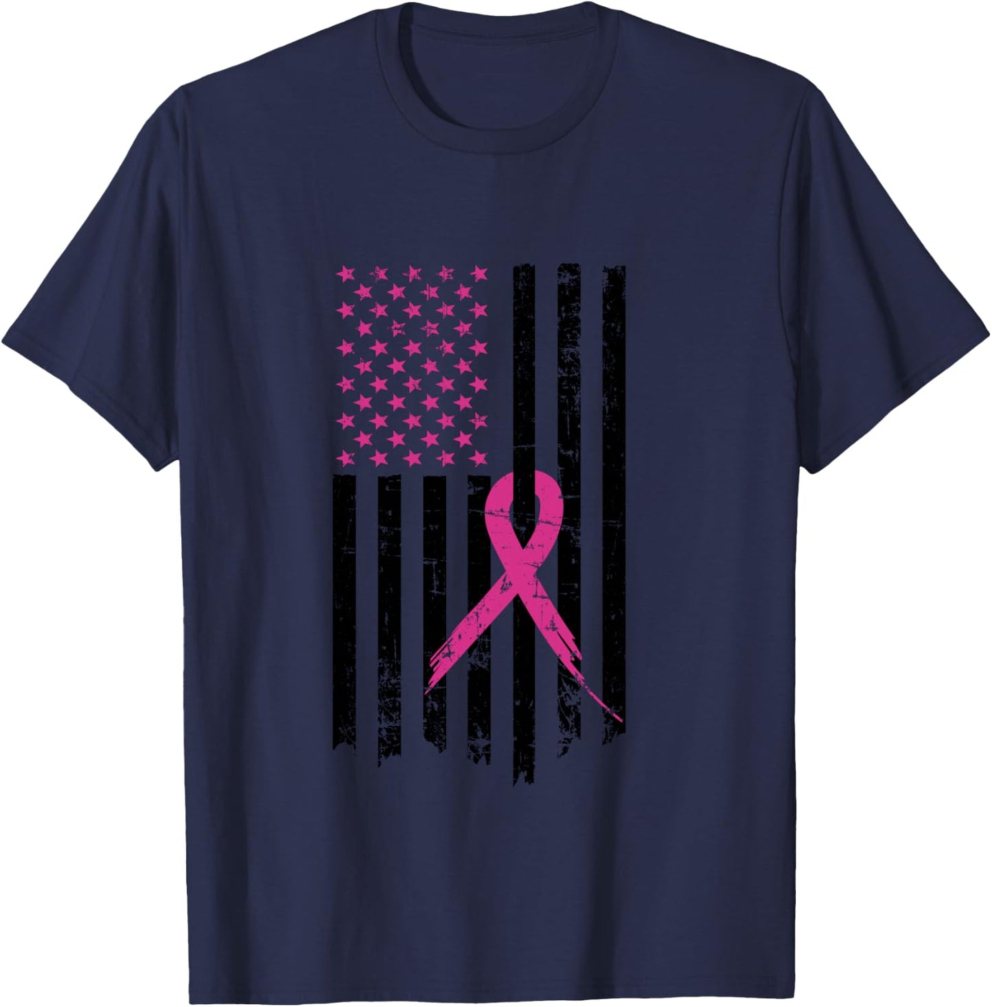 Breast Cancer Awareness Pink Ribbon American Flag T-Shirt - T-Shirt | Navy